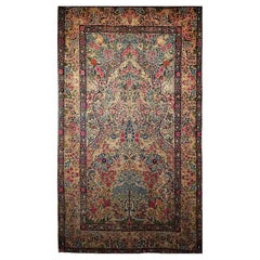 Lavar persa vintage Kerman "Árbol de la vida" en azul marino, turquesa, azul, salvia y rojo