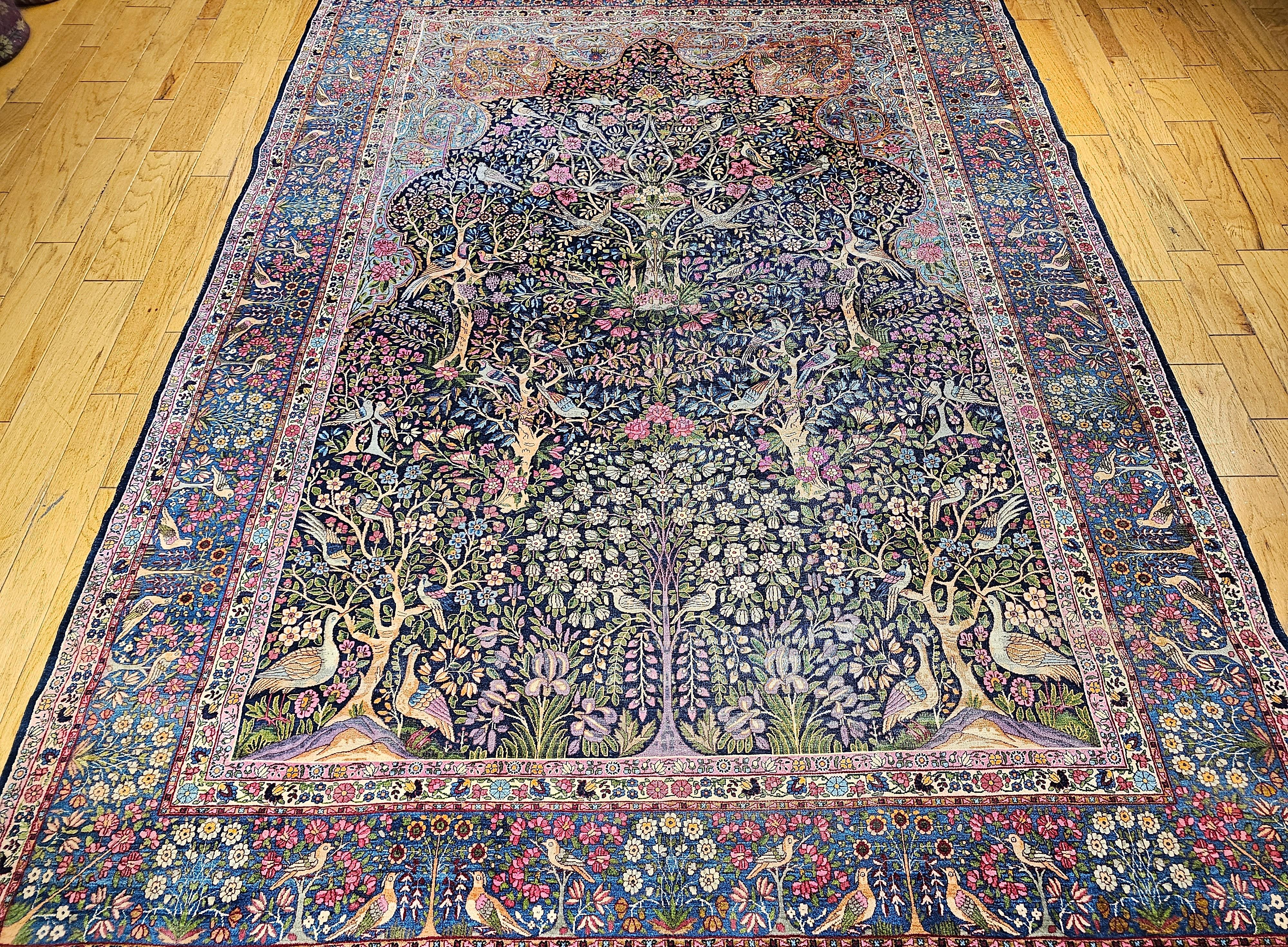 Vintage Persian Kerman Lavar “Tree of Life” in Navy, Turquoise, Lavender, Green For Sale 9