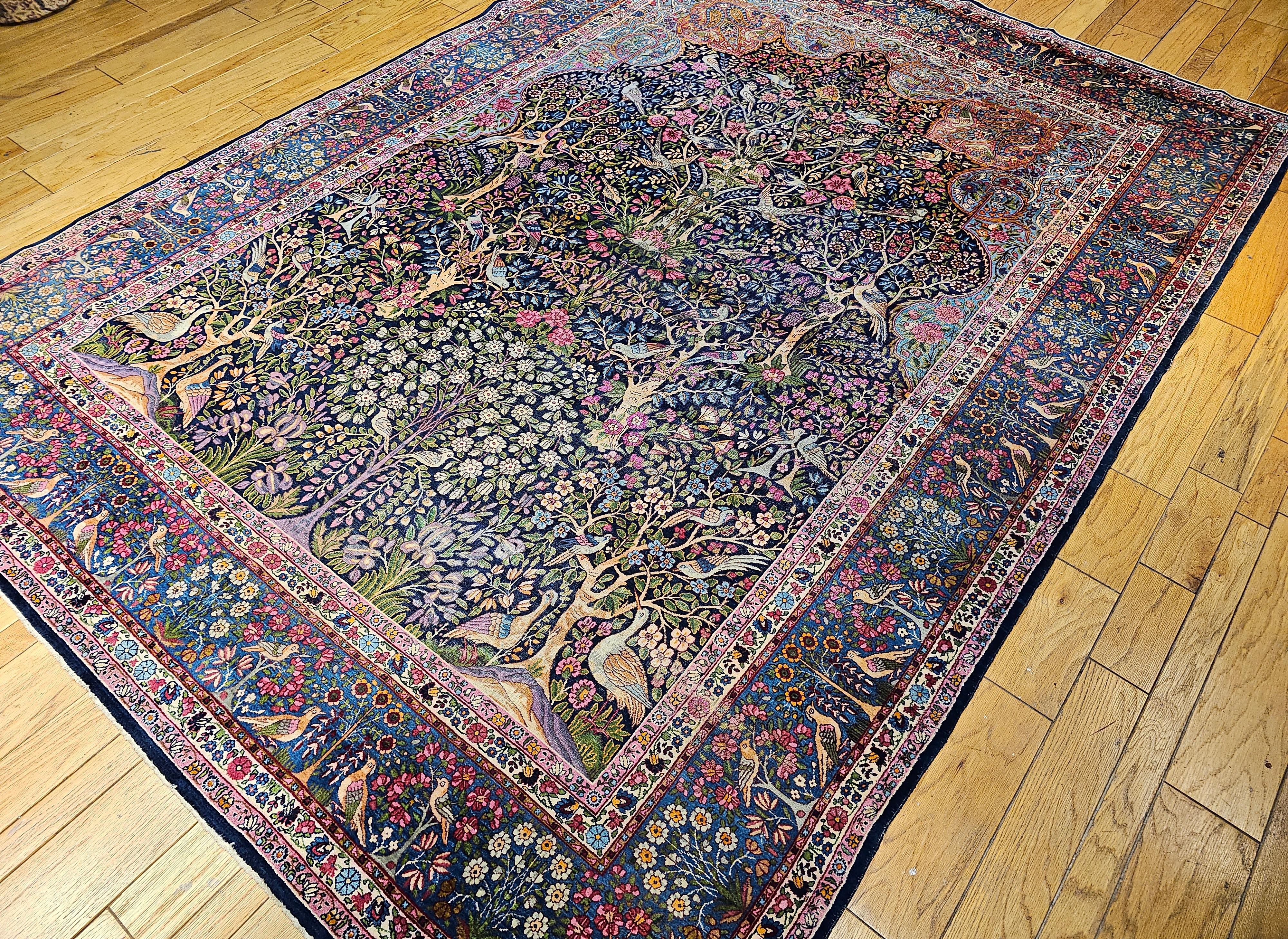 Vintage Persian Kerman Lavar “Tree of Life” in Navy, Turquoise, Lavender, Green For Sale 10