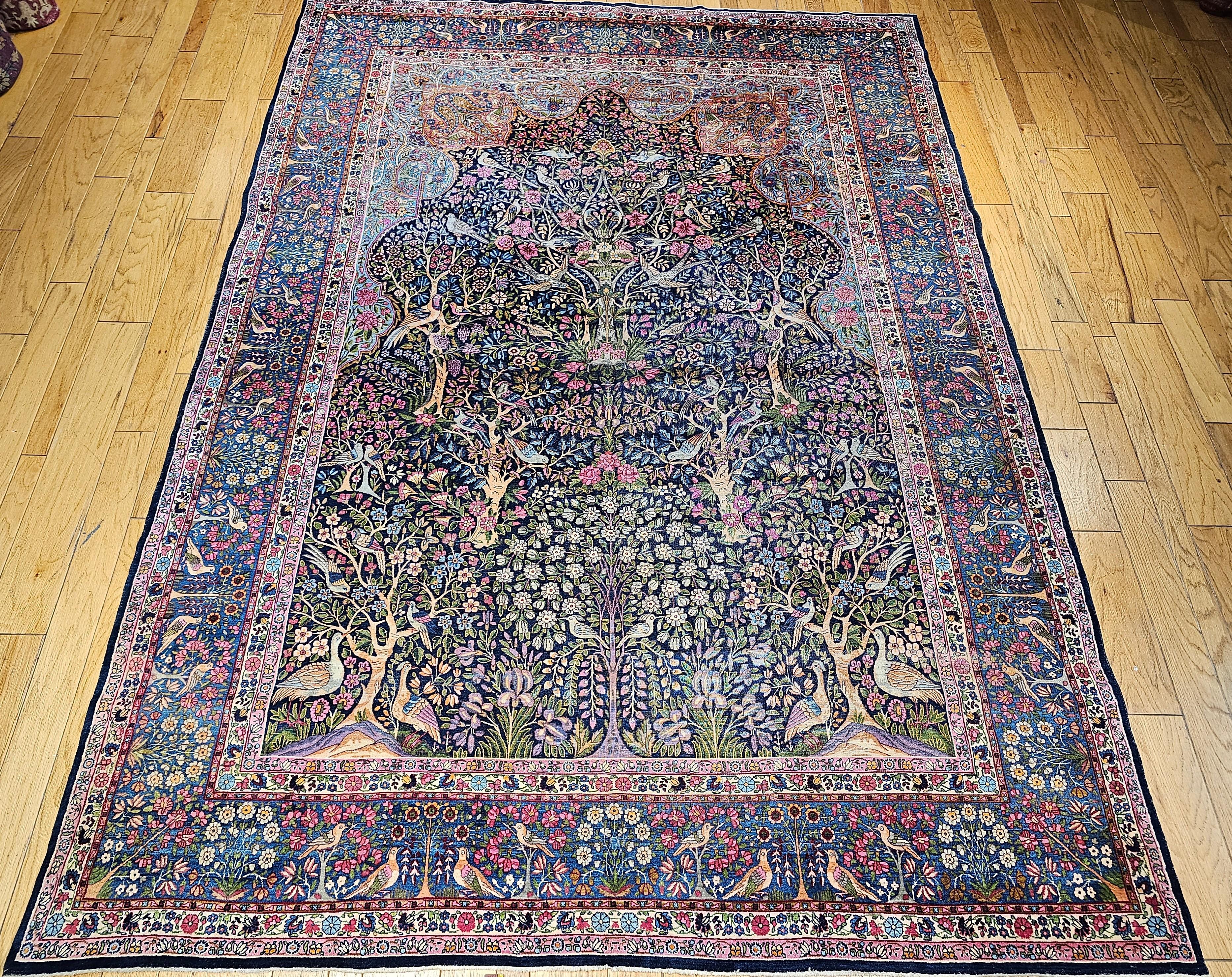 Vintage Persian Kerman Lavar “Tree of Life” in Navy, Turquoise, Lavender, Green For Sale 11