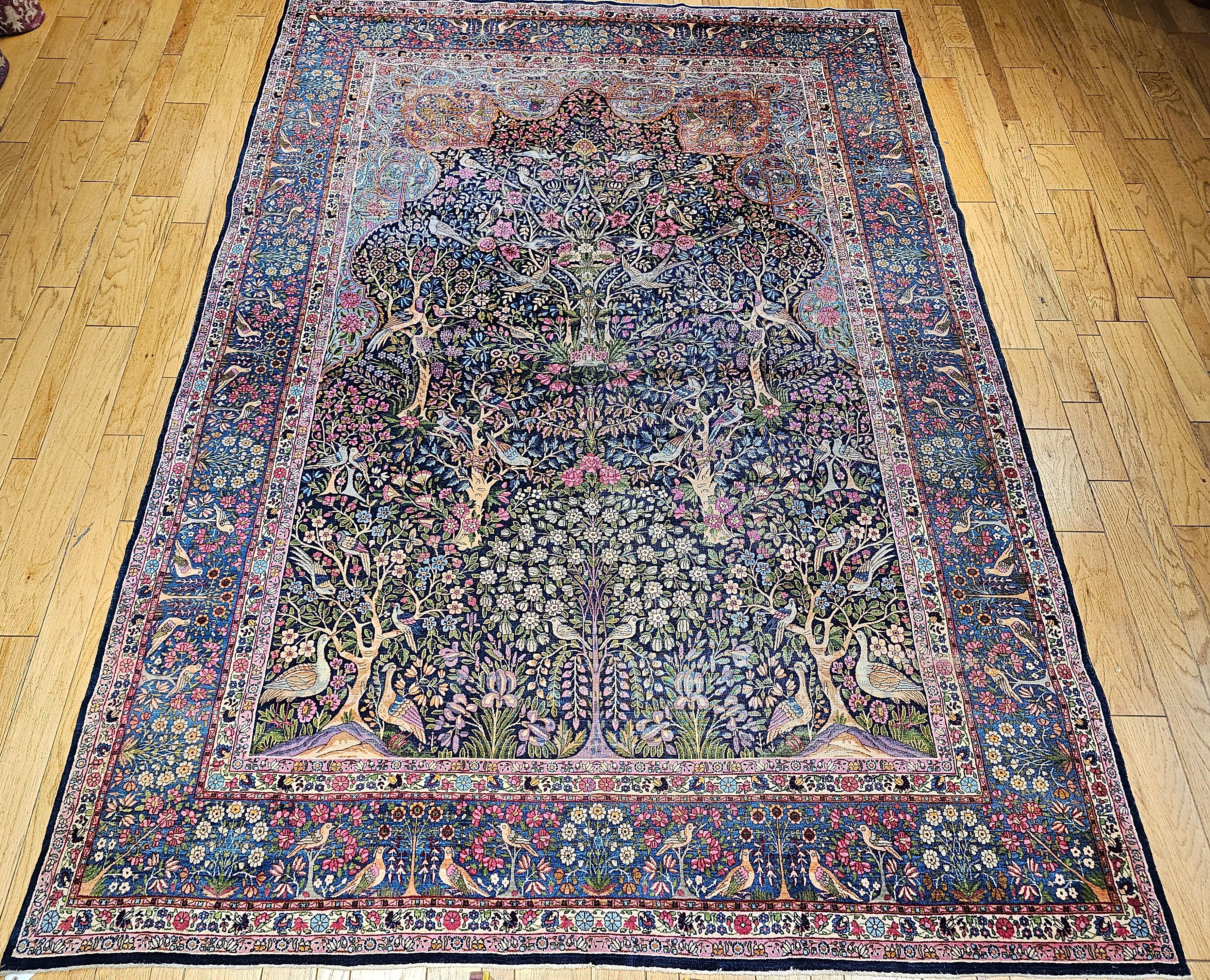 One of the most serene and beautiful Persian Kerman  Lavar rugs we have ever seen.  A Kerman Lavar in the “Tree of Life” Design.  The design and colors implemented by the finest artisan weavers in the village of Lavar in the early part of the 1900s