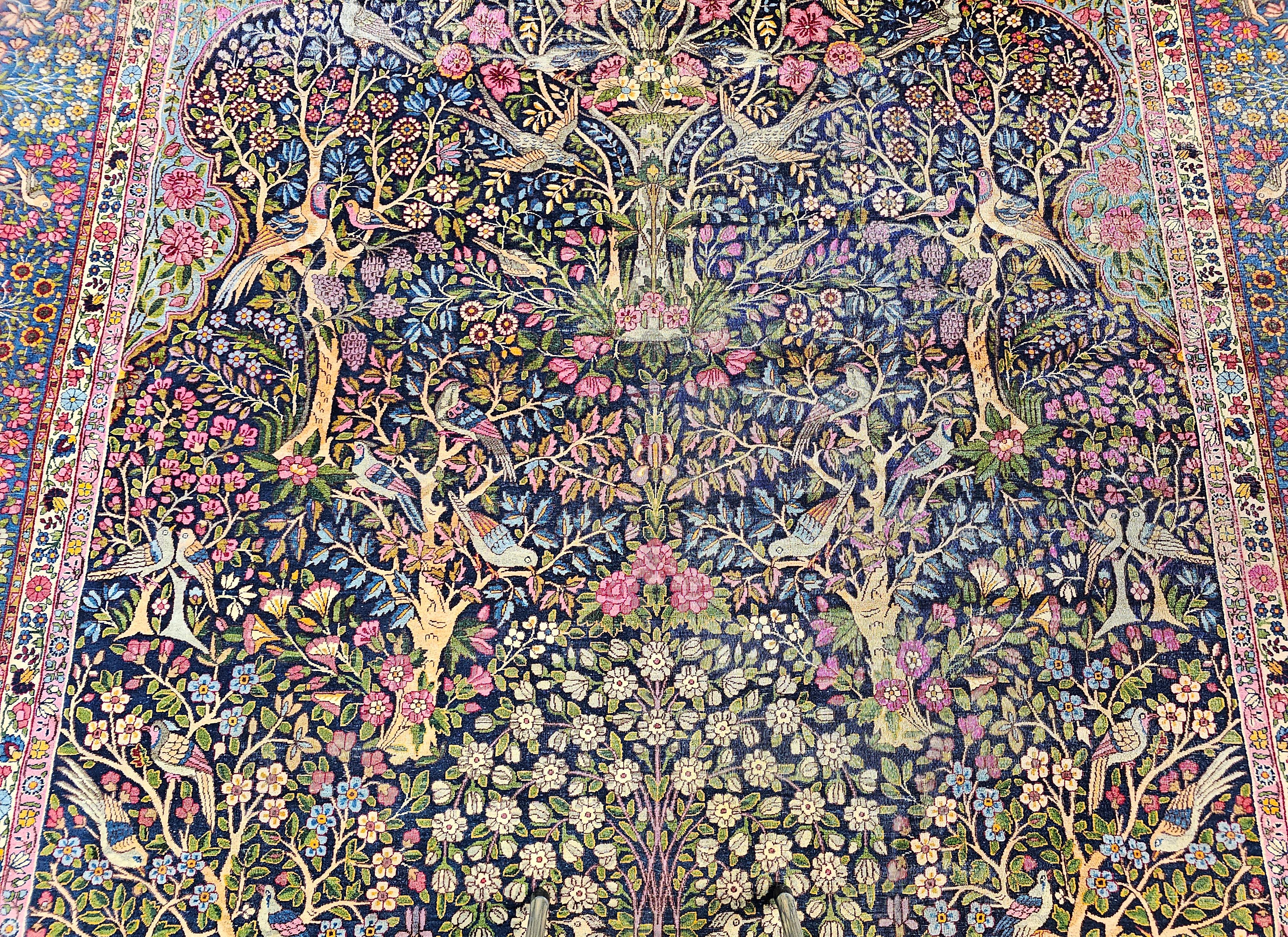 Persischer Kerman Lavar-Baum des Lebens, Vintage in Marineblau, Türkis, Lavendel, Grün (Pflanzlich gefärbt) im Angebot