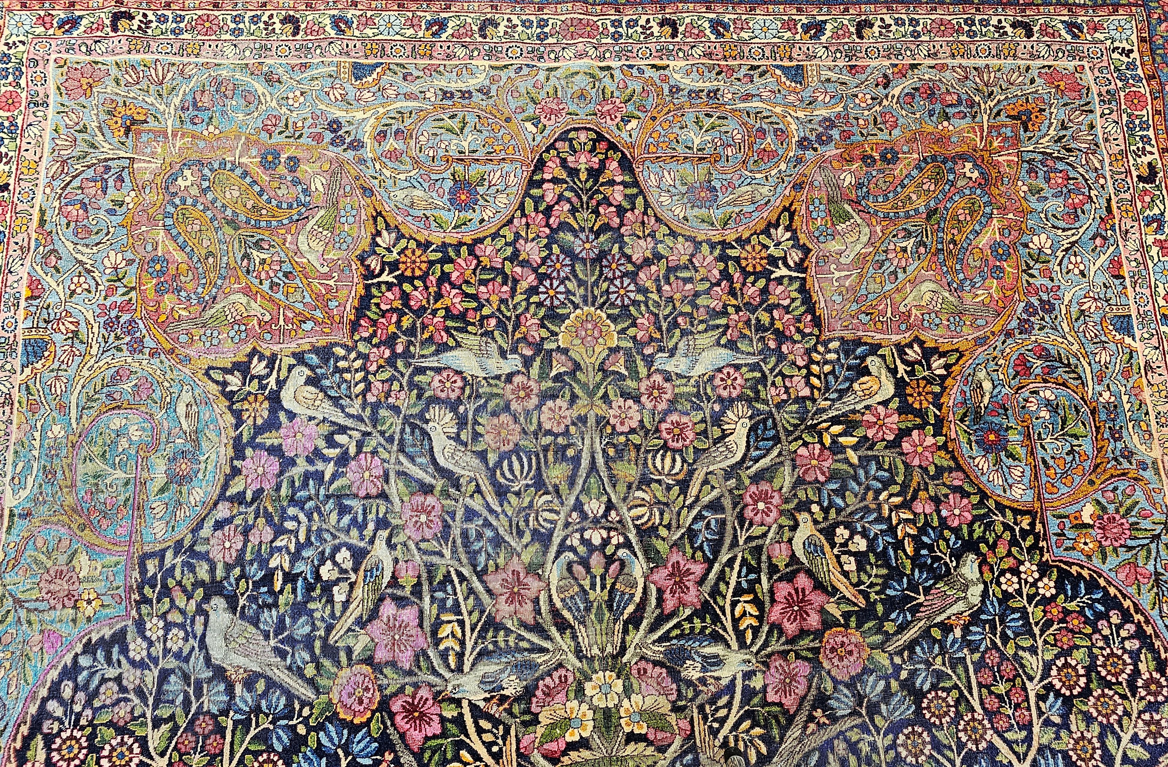 Persischer Kerman Lavar-Baum des Lebens, Vintage in Marineblau, Türkis, Lavendel, Grün (20. Jahrhundert) im Angebot