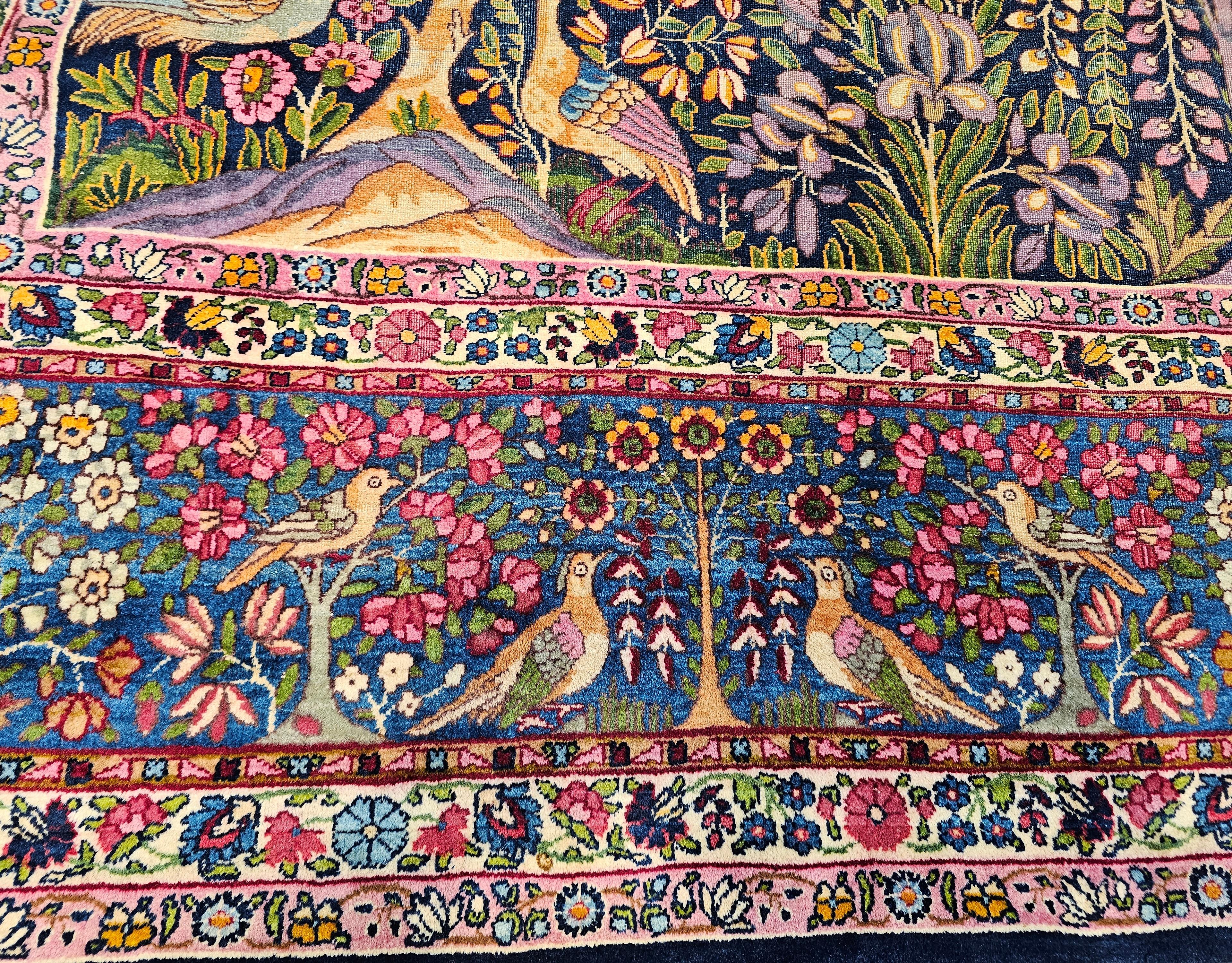 Wool Vintage Persian Kerman Lavar “Tree of Life” in Navy, Turquoise, Lavender, Green For Sale