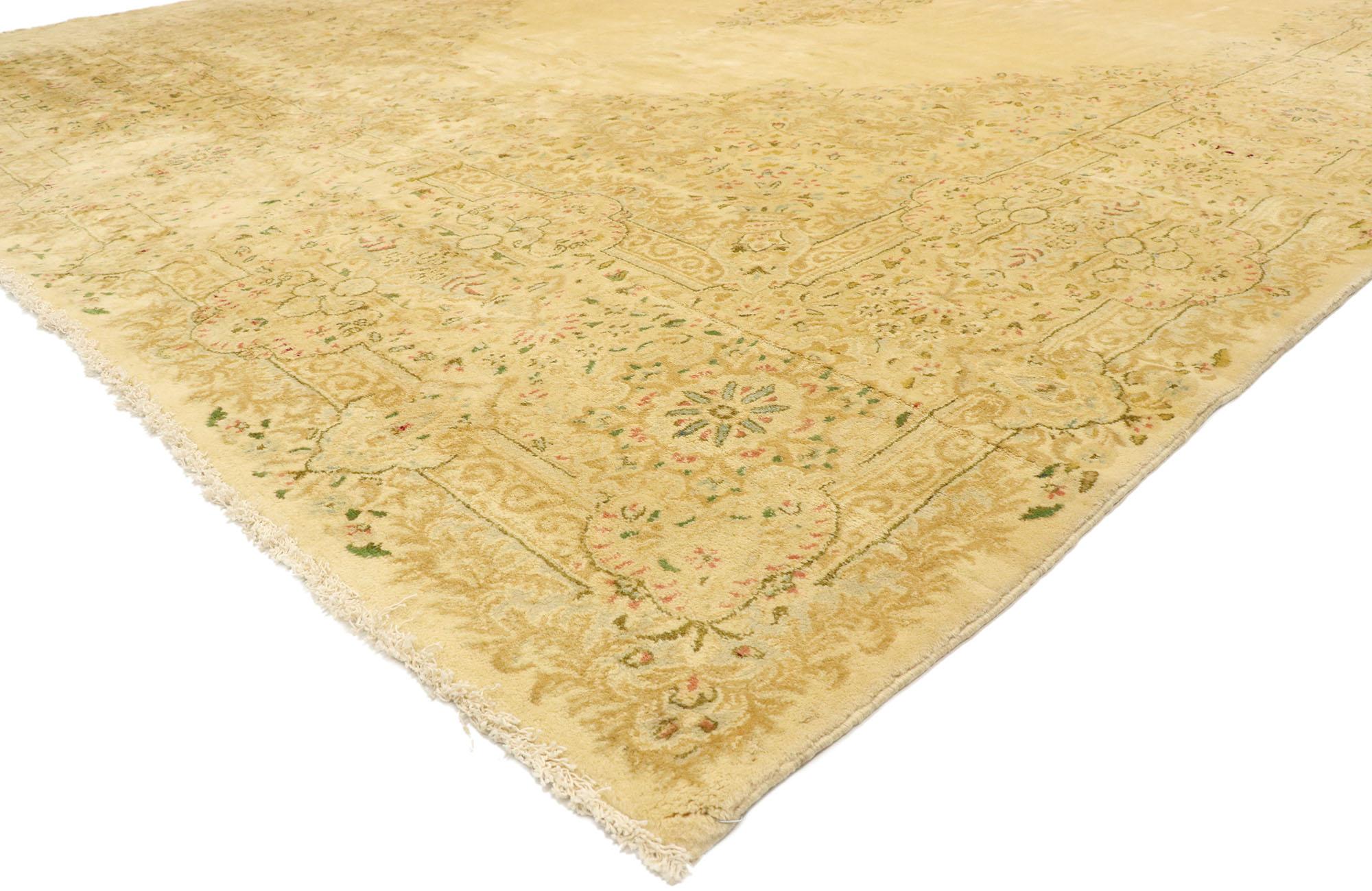 74207, vintage Persian Kerman Palace rug with European Country cottage style. Inspired from Savonnerie and French Aubusson carpets, this vintage Persian Kerman palace rug is a true impression of luscious splendor and European Country Cottage style.