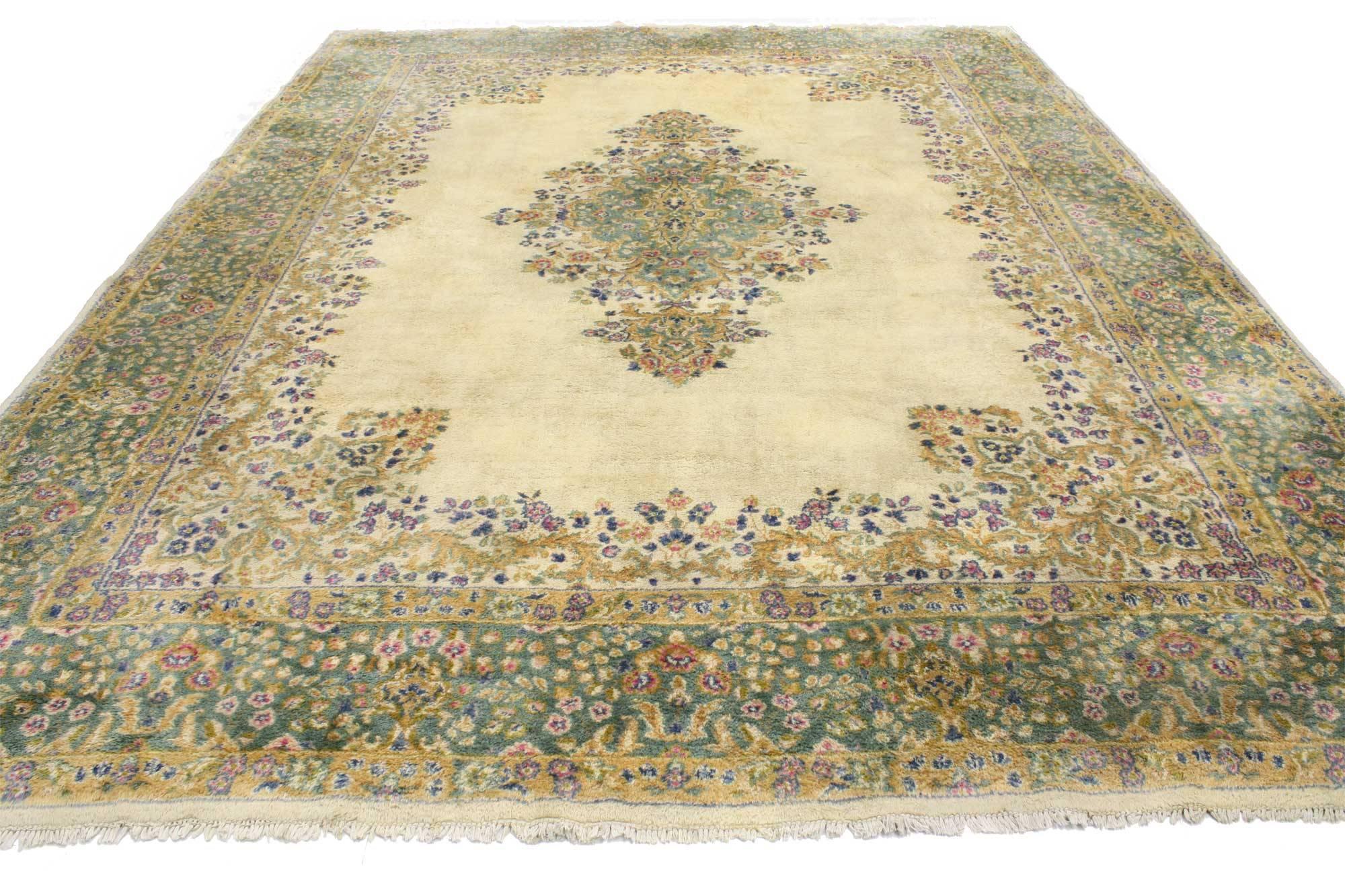 76735 Vintage Persian Kerman, Persian Kirman Area rug 09'00 x 12'01. From casual elegance to fresh and formal, relish the refinement in this hand-knotted wool vintage Persian Kerman rug (Kirman) rug. Its soft colors evoke an air of classic comfort