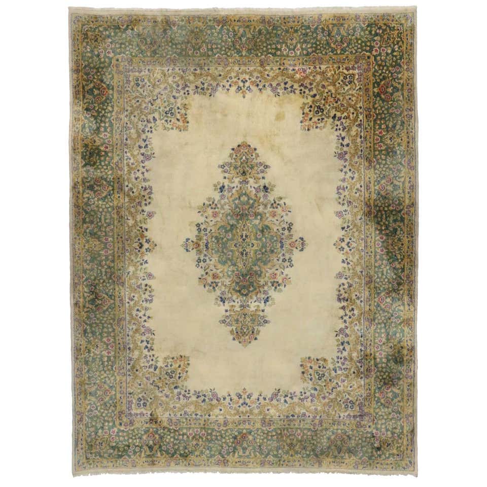 Vintage Persian Kirman Rug with Rococo Style, Persian Kerman Area Rug ...