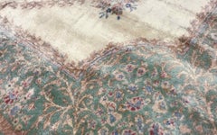 Handwoven Luxury Vintage Persian Kerman Ivory / Green Rug, circa 1940