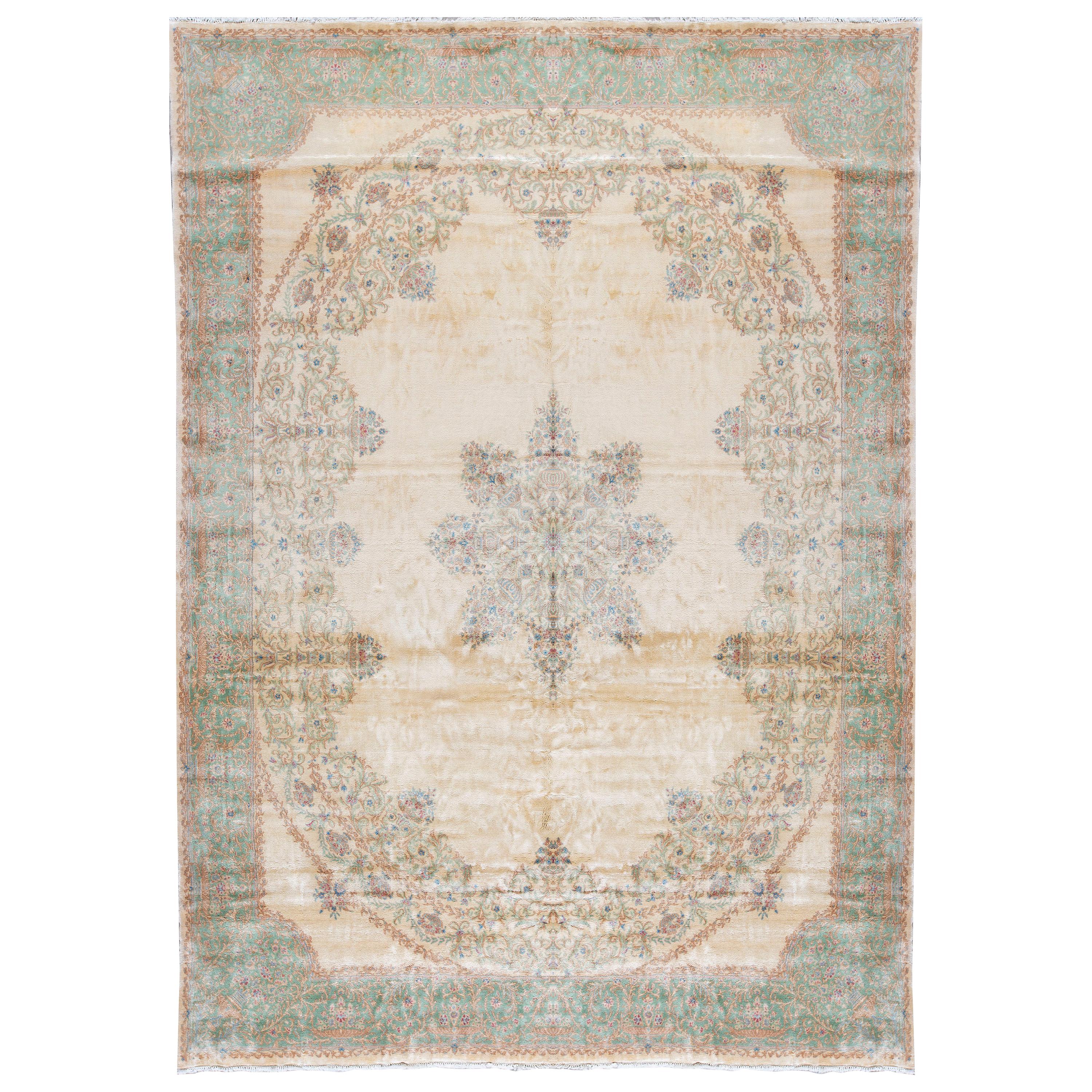 Handwoven Luxury Vintage Persian Kerman Ivory / Green Rug, circa 1940 For Sale