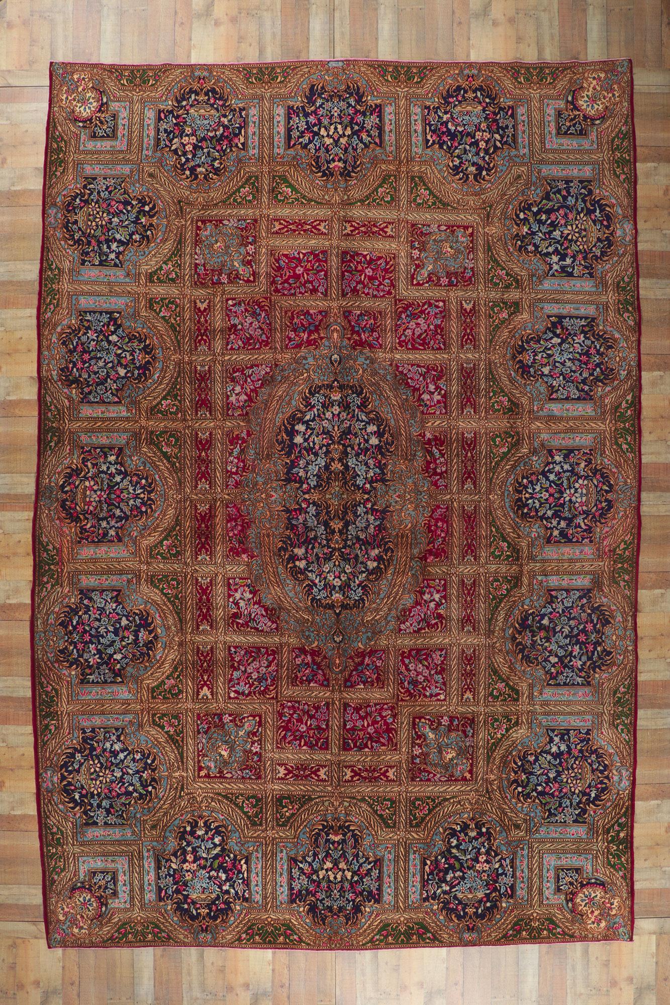Vintage Persian Kerman Rug Hotel Lobby Size Carpet Decadent French Style In Good Condition For Sale In Dallas, TX
