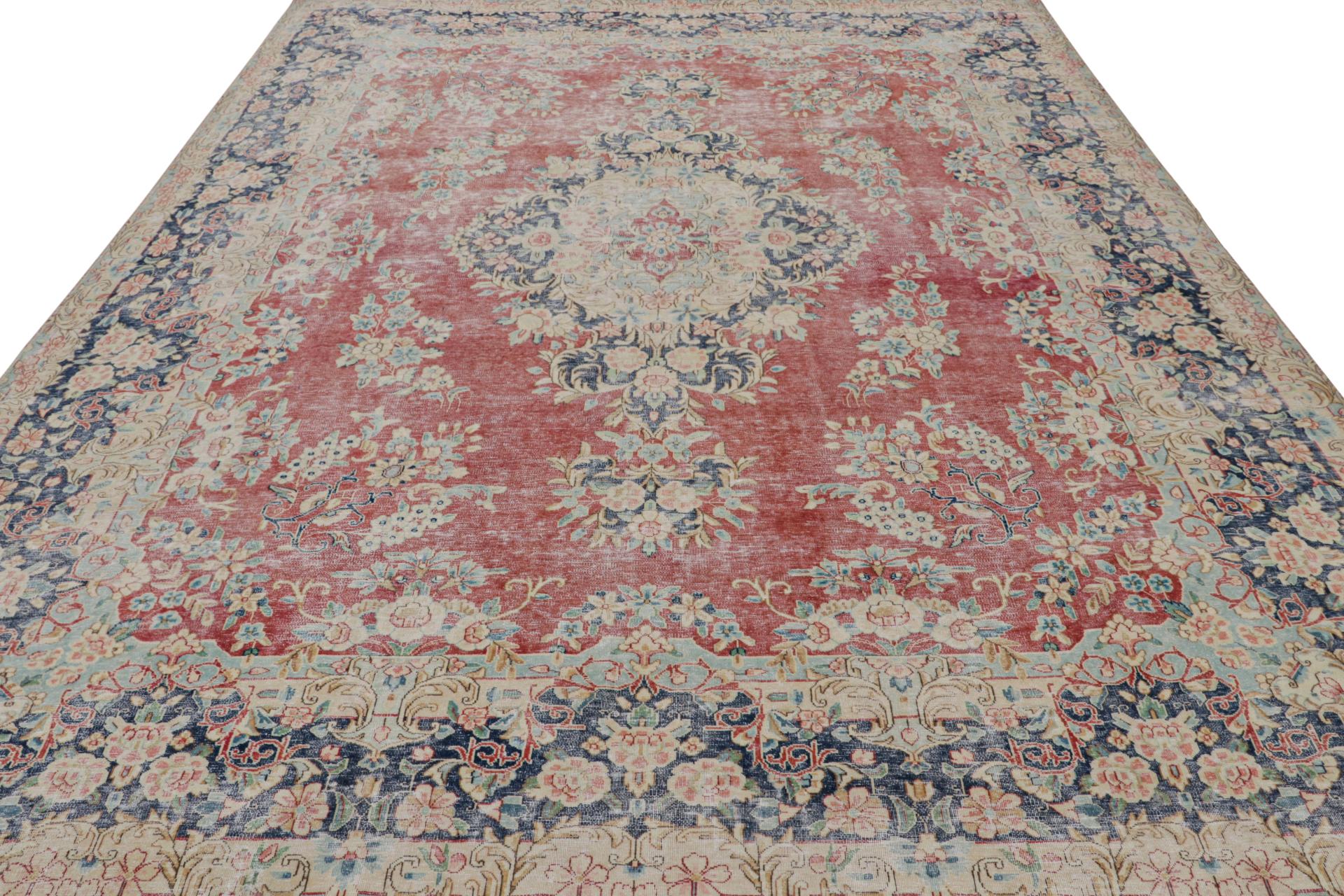 Hand-Knotted Vintage Persian Kerman rug in Red, Blue and Beige Floral Patterns by Rug & Kilim For Sale
