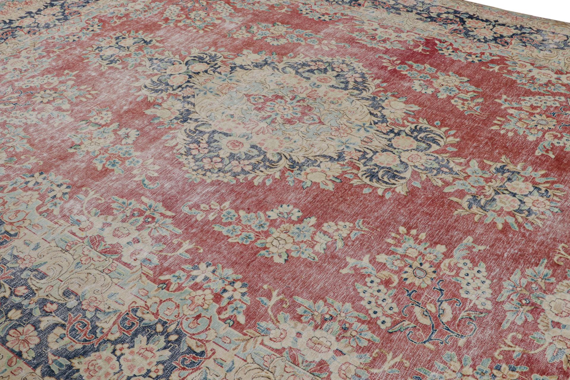 Vintage Persian Kerman rug in Red, Blue and Beige Floral Patterns by Rug & Kilim In Good Condition For Sale In Long Island City, NY