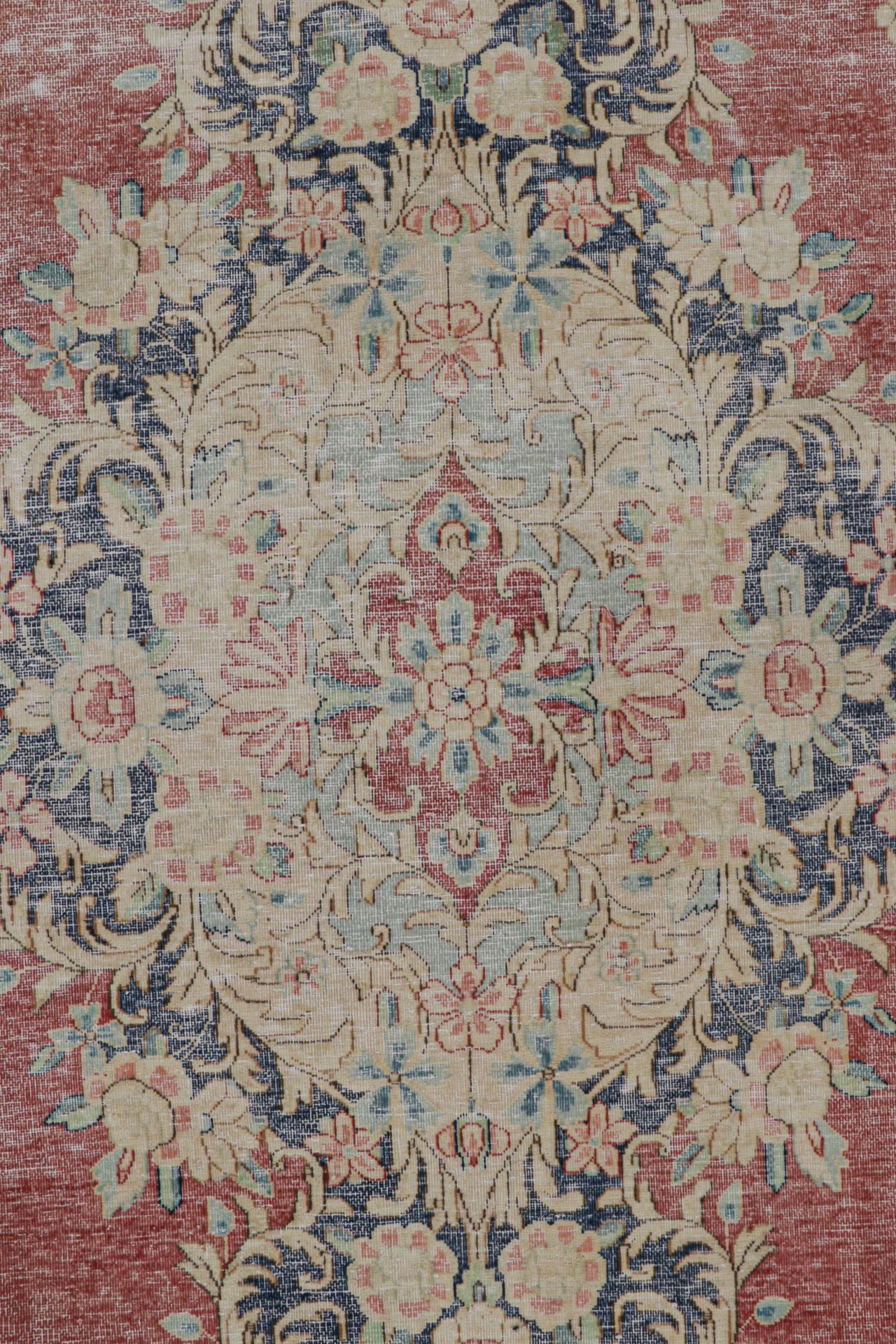 Wool Vintage Persian Kerman rug in Red, Blue and Beige Floral Patterns by Rug & Kilim For Sale