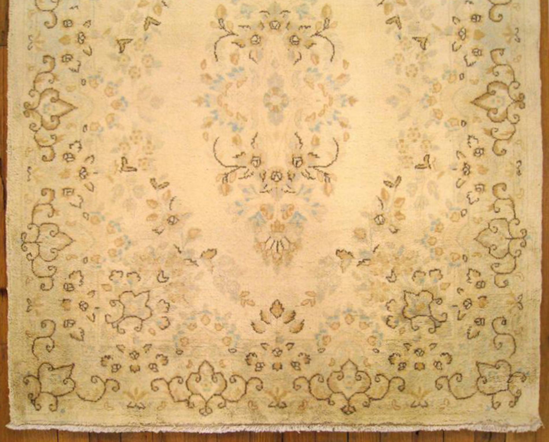 Hand-Knotted Vintage Persian Kerman Rug in Small Square Size with Ivory Field & Floral Design For Sale