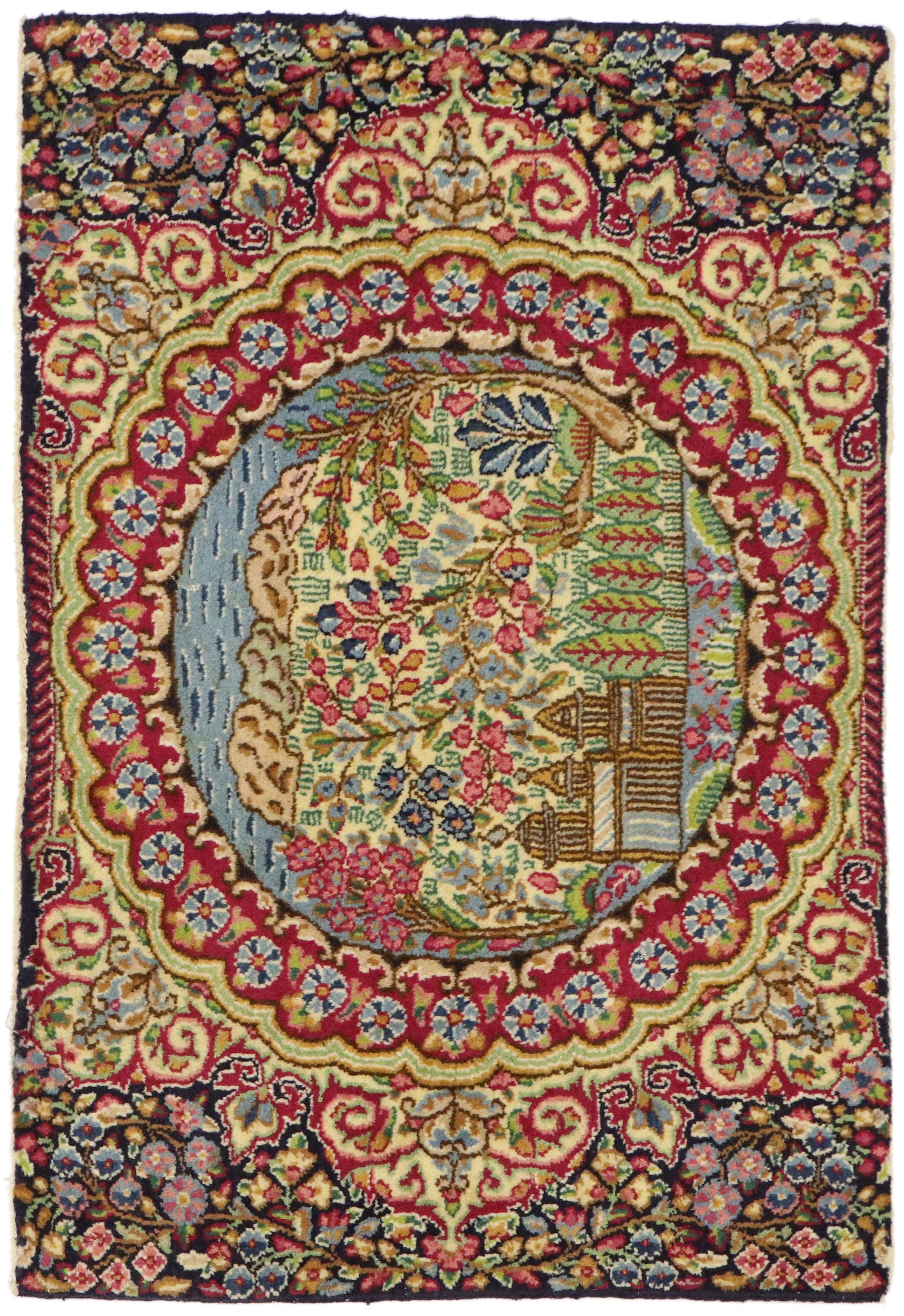 75814 Vintage Persian Kerman Pictorial rug 02'00 x 02'04. With a timeless design and effortless beauty, this hand knotted wool vintage Kerman rug is a captivating vision of woven beauty. The abrashed field features a beautiful pictorial scene