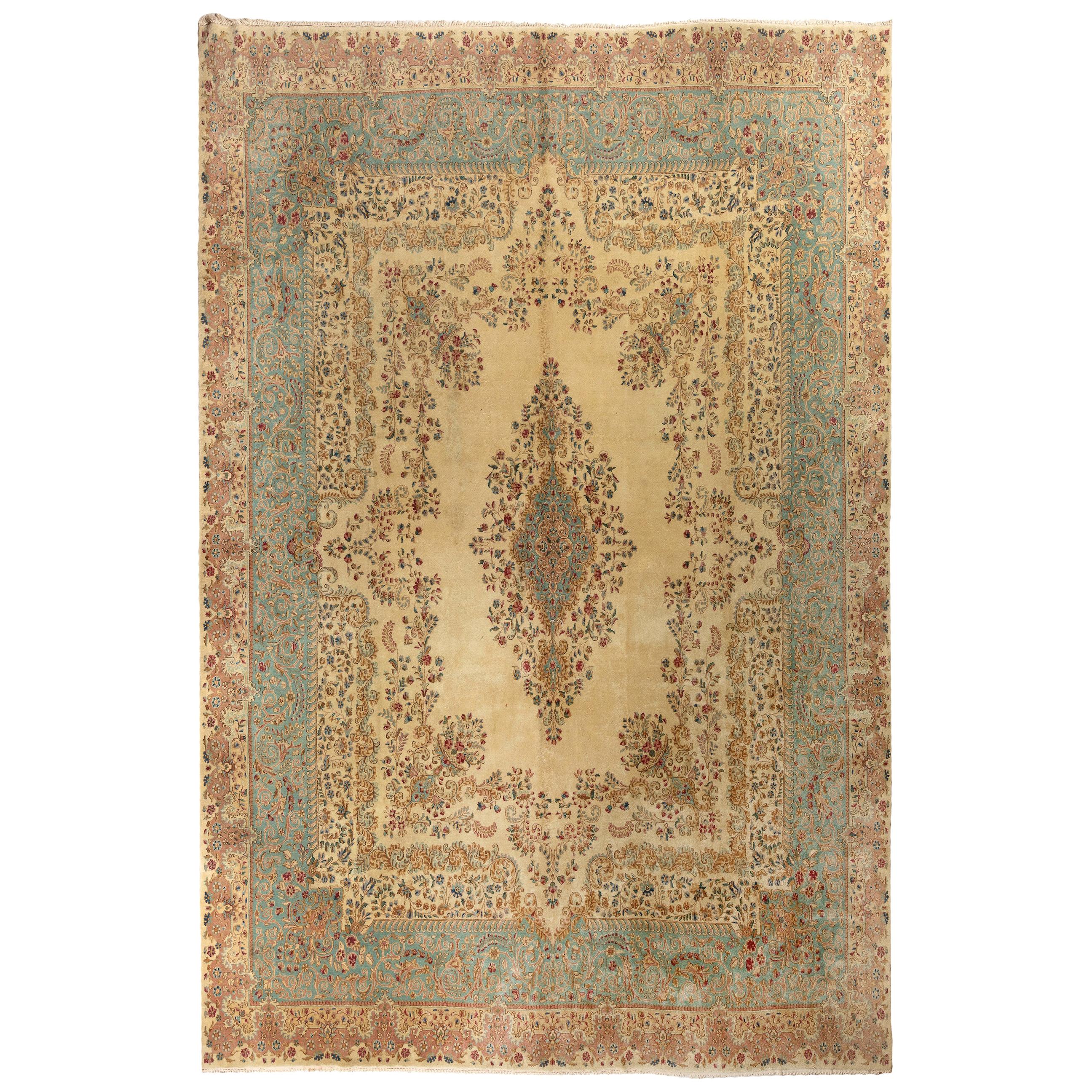 Vintage Persian Kerman Rug, Soft Merino Wool, Beautiful Colors, 11.2 x 13.6 Ft 