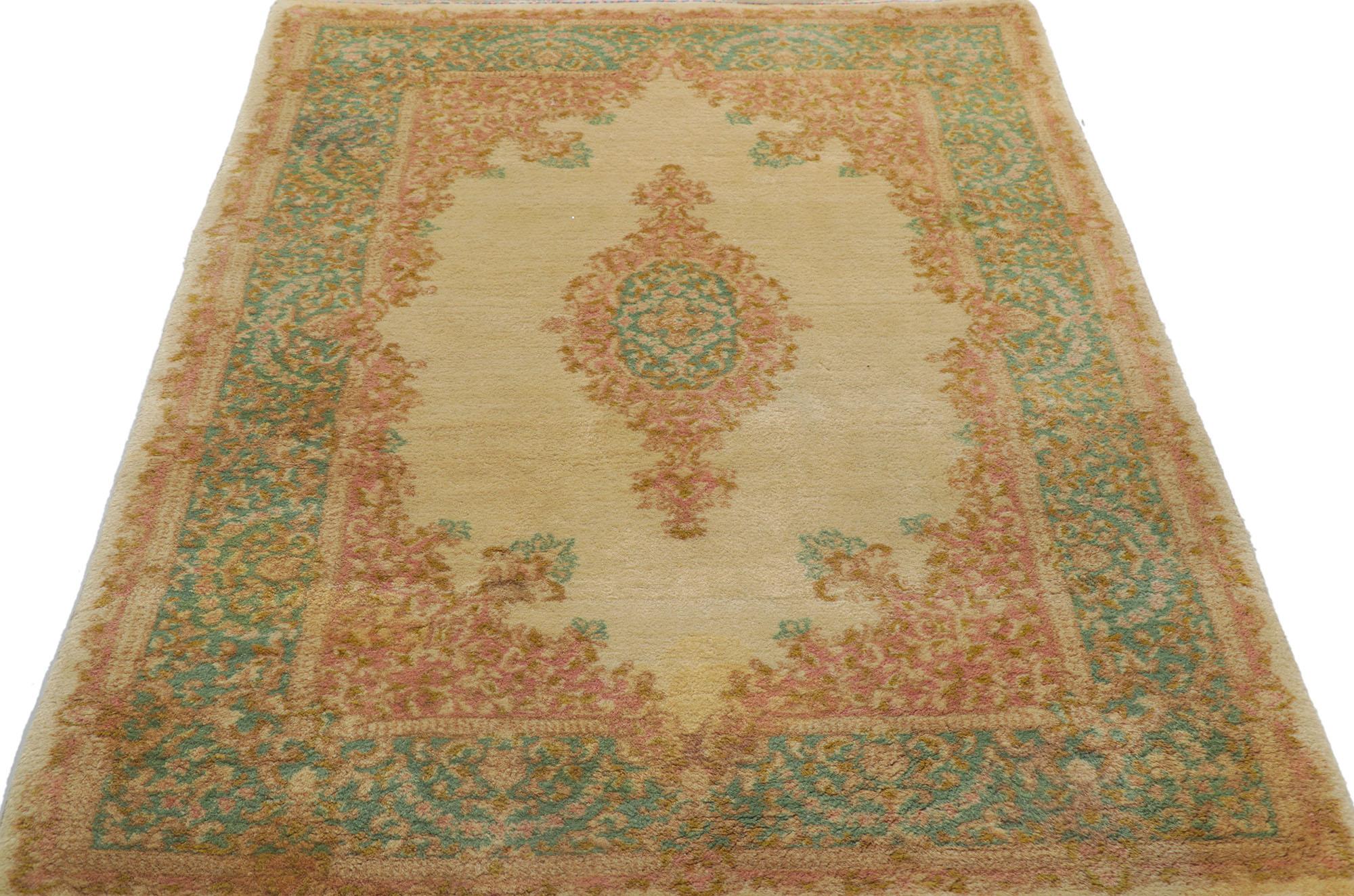 Hand-Knotted Vintage Persian Kerman Rug with French Country Cottage Style For Sale