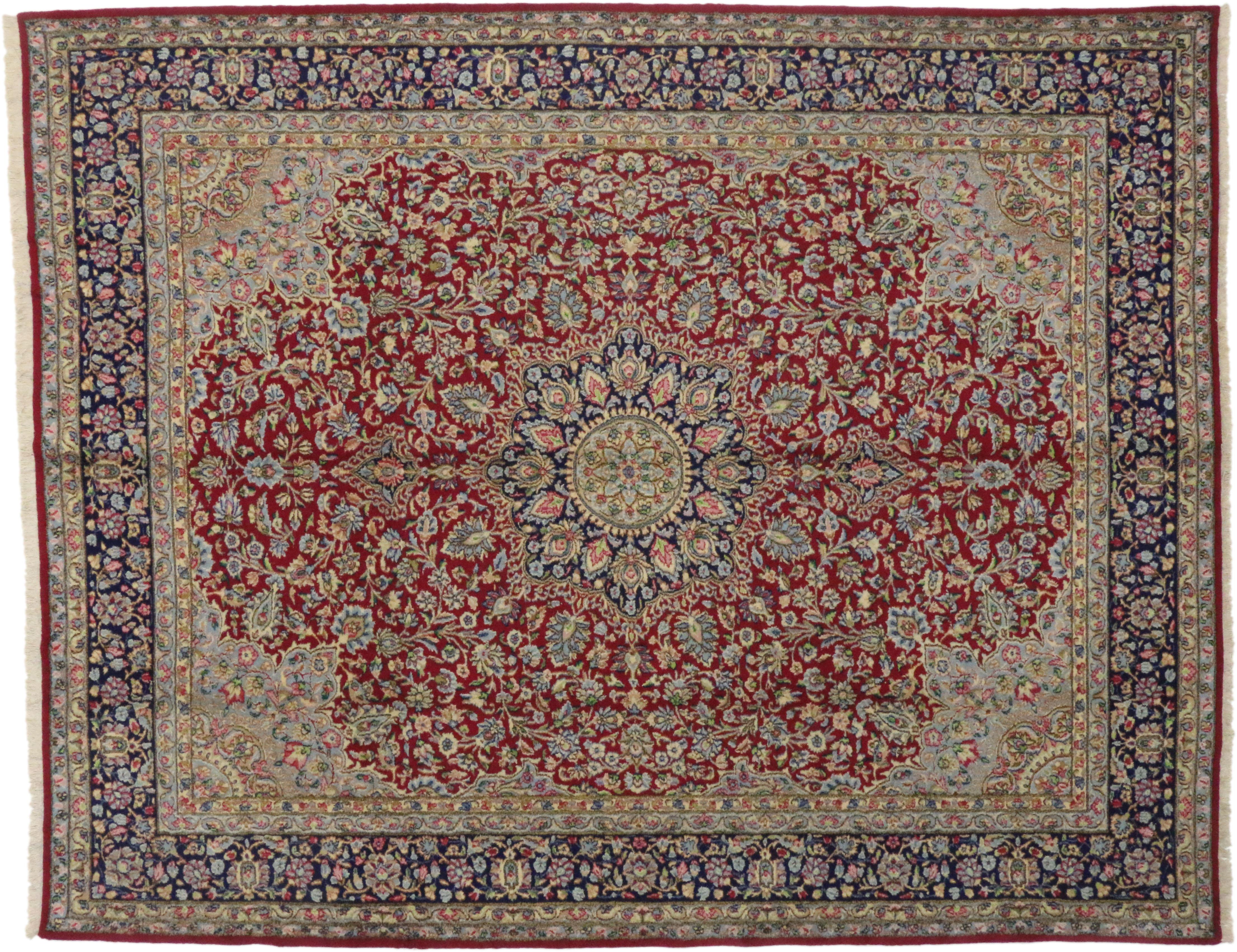 76442 Vintage Persian Kerman Rug with Old World French Victorian Style, Kirman Rug. This hand-knotted wool vintage Persian Kerman rug features a cusped palmette roundel medallion surrounded by an all-over floral pattern rhythmically dancing on a