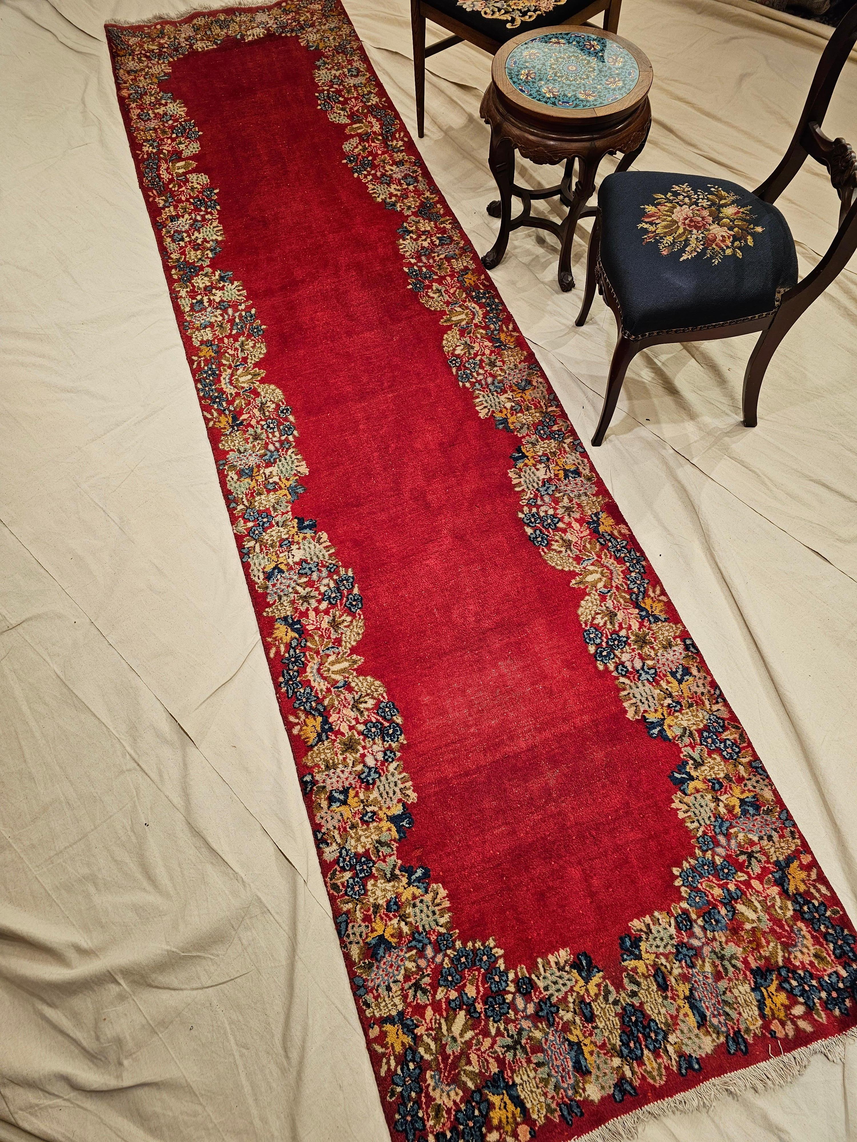  Vintage Persian Kerman Runner in Floral Design in Red, Yellow, Green, Blue For Sale 2