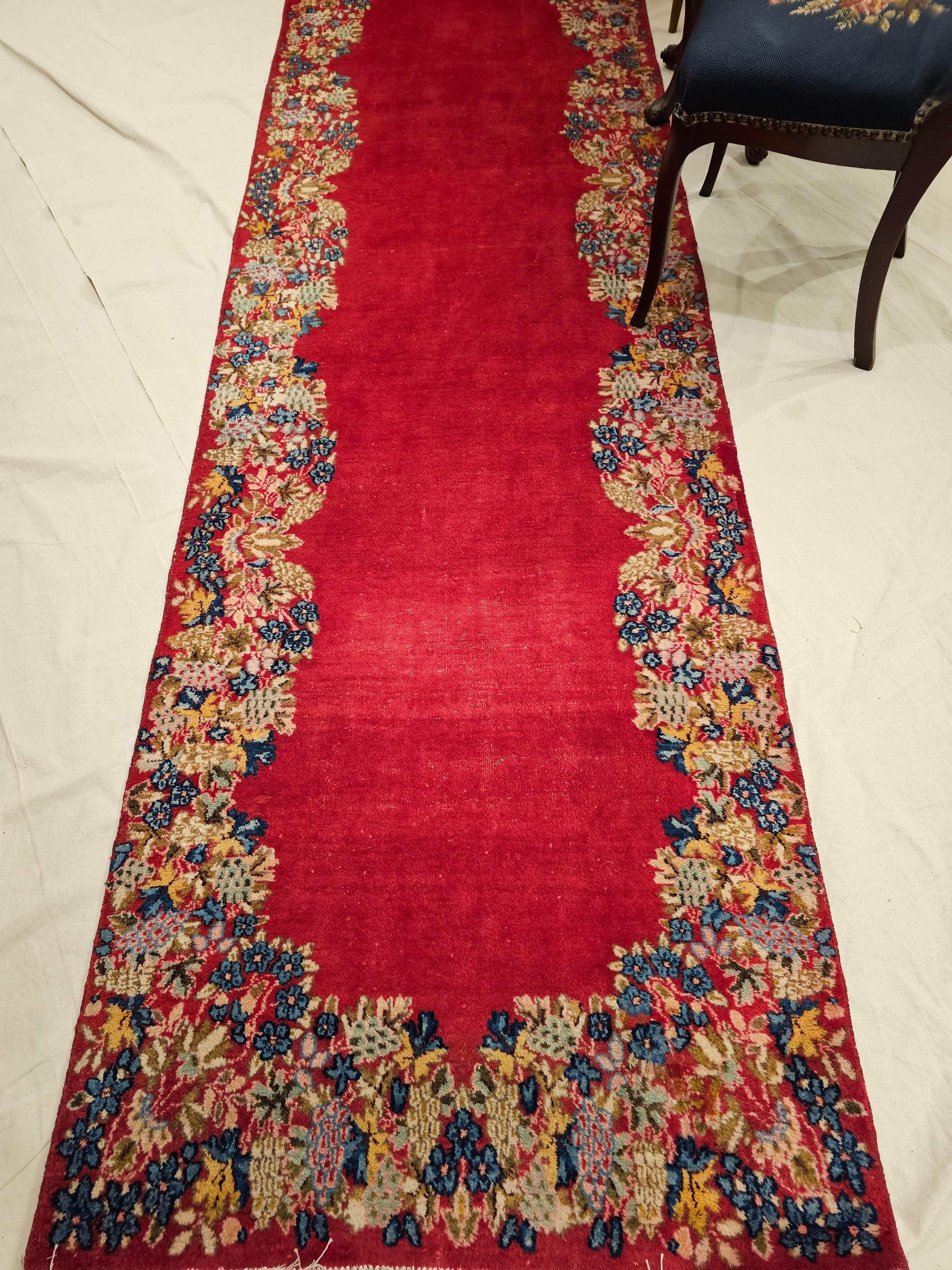  Vintage Persian Kerman Runner in Floral Design in Red, Yellow, Green, Blue For Sale 4