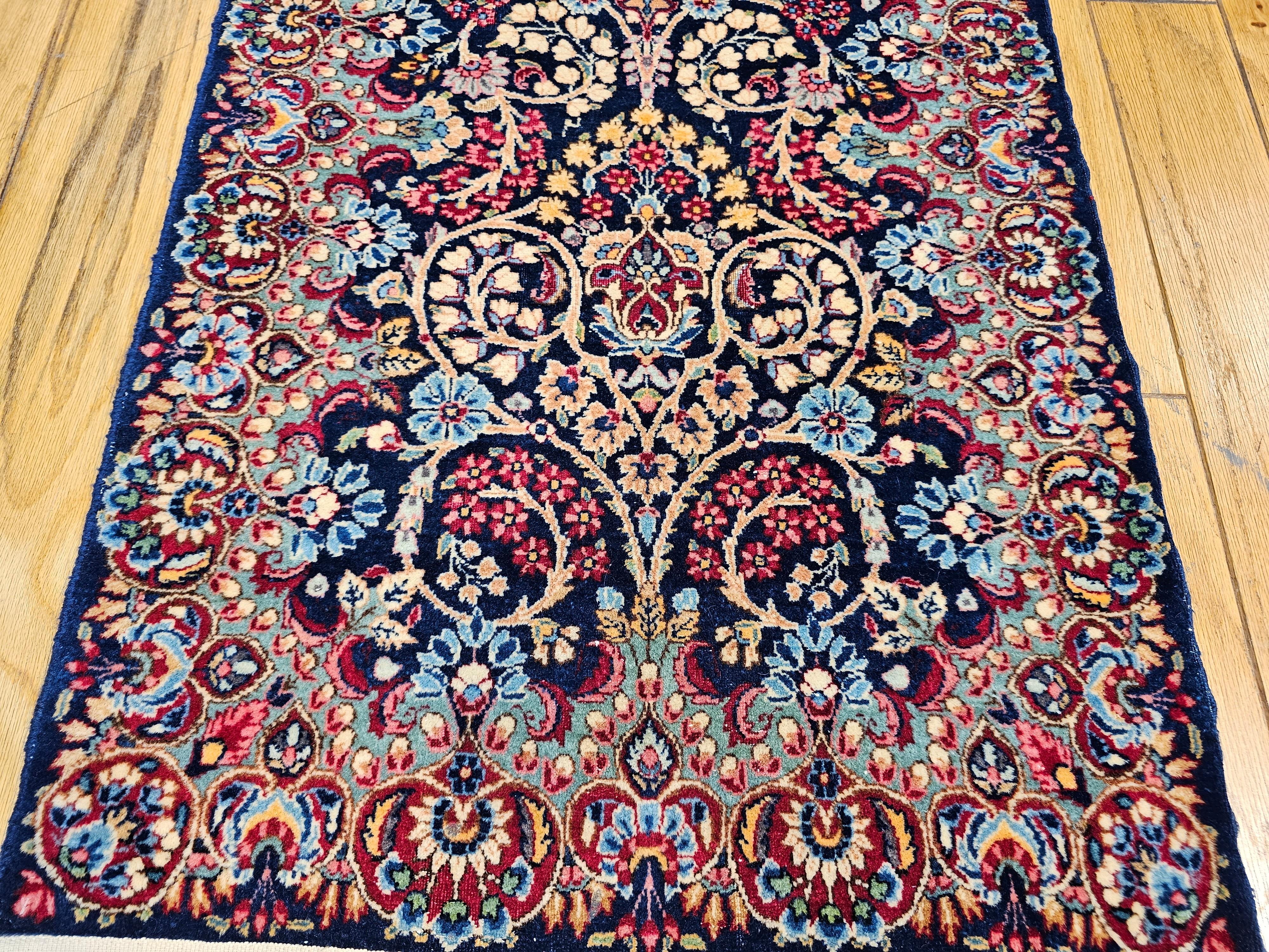 Vintage Persian Kerman Runner in All-Over Floral Pattern in Blue, Green, Red For Sale 6