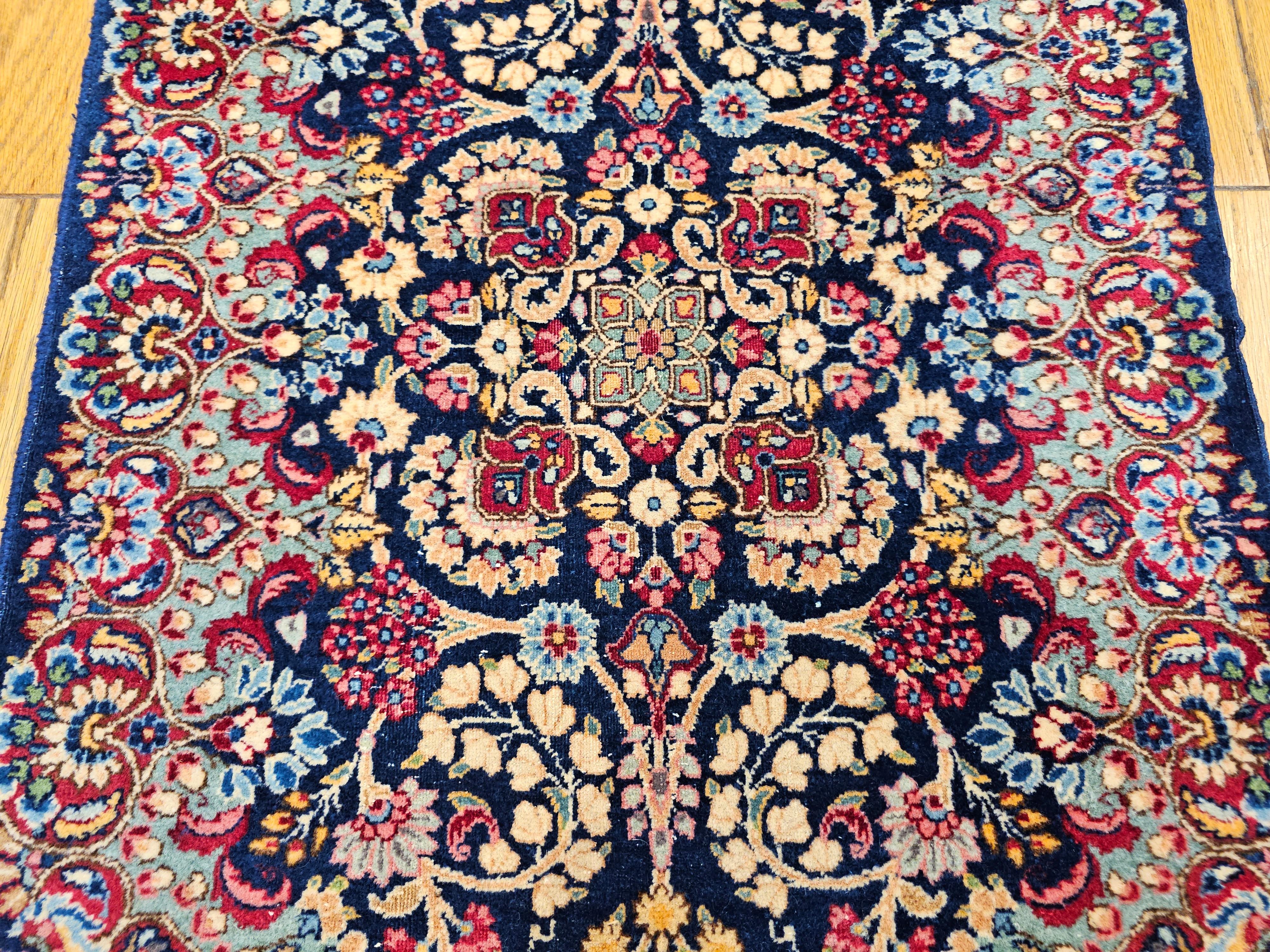 Vintage Persian Kerman Runner in All-Over Floral Pattern in Blue, Green, Red For Sale 7