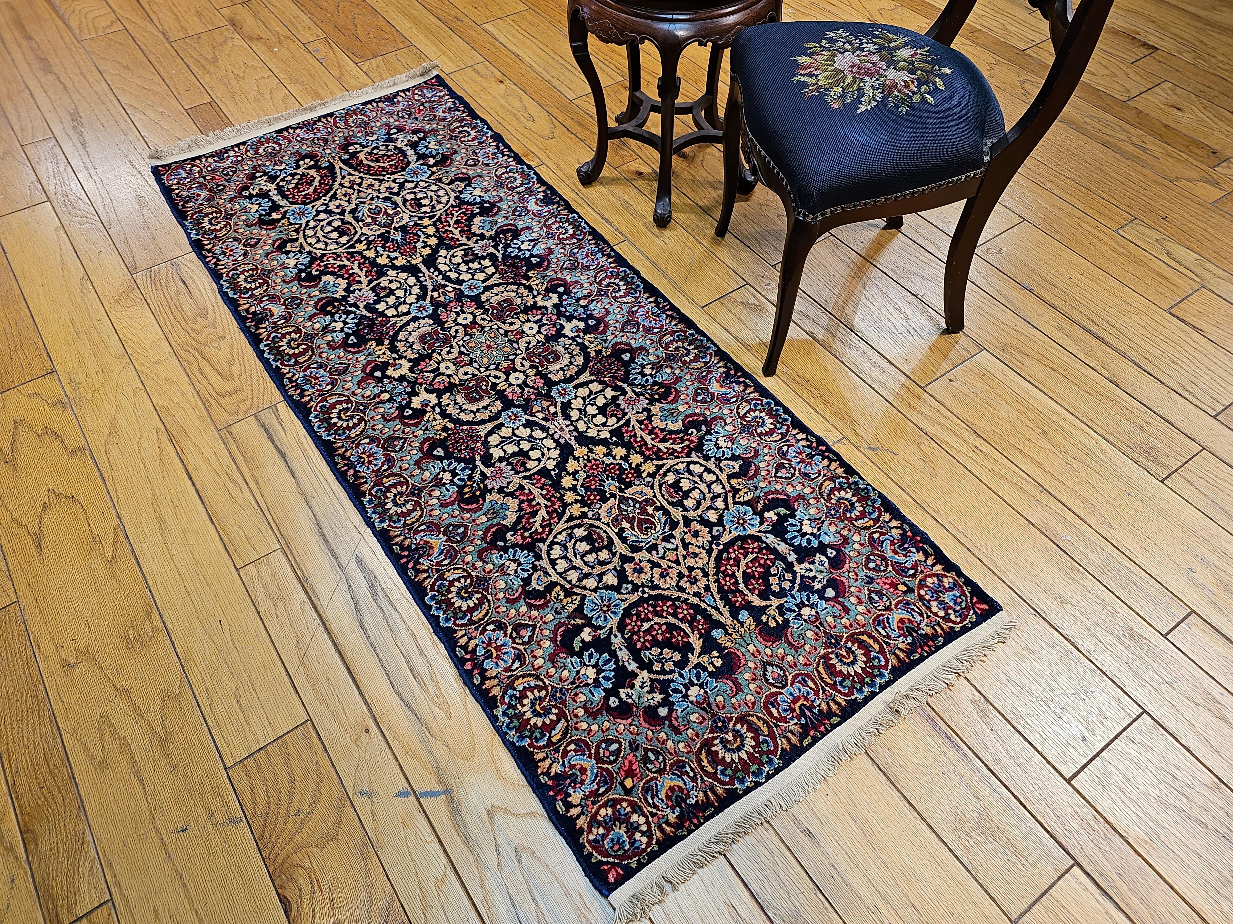 Vintage Persian Kerman Runner in All-Over Floral Pattern in Blue, Green, Red For Sale 9