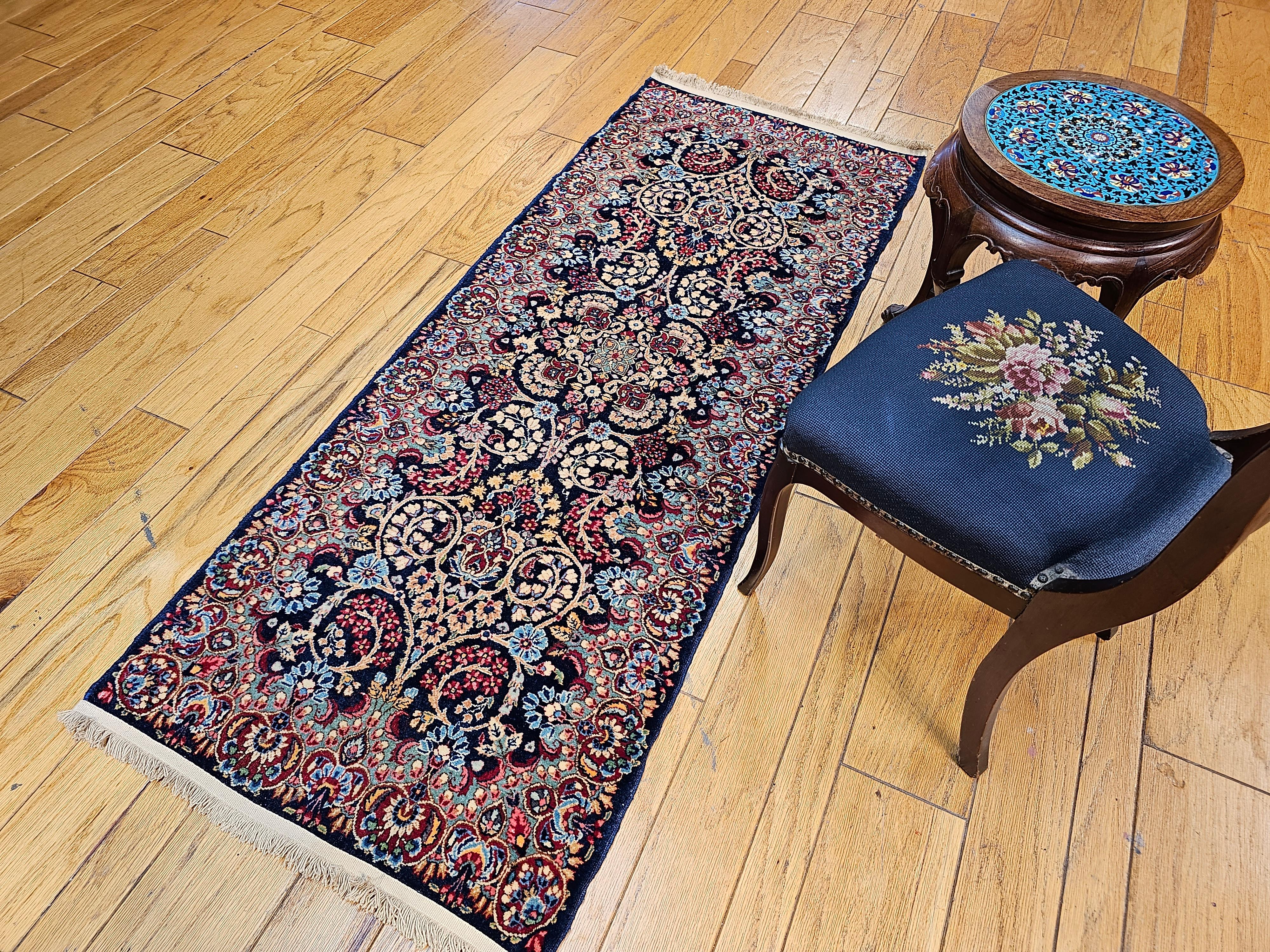 Vintage Persian Kerman Runner in All-Over Floral Pattern in Blue, Green, Red For Sale 10
