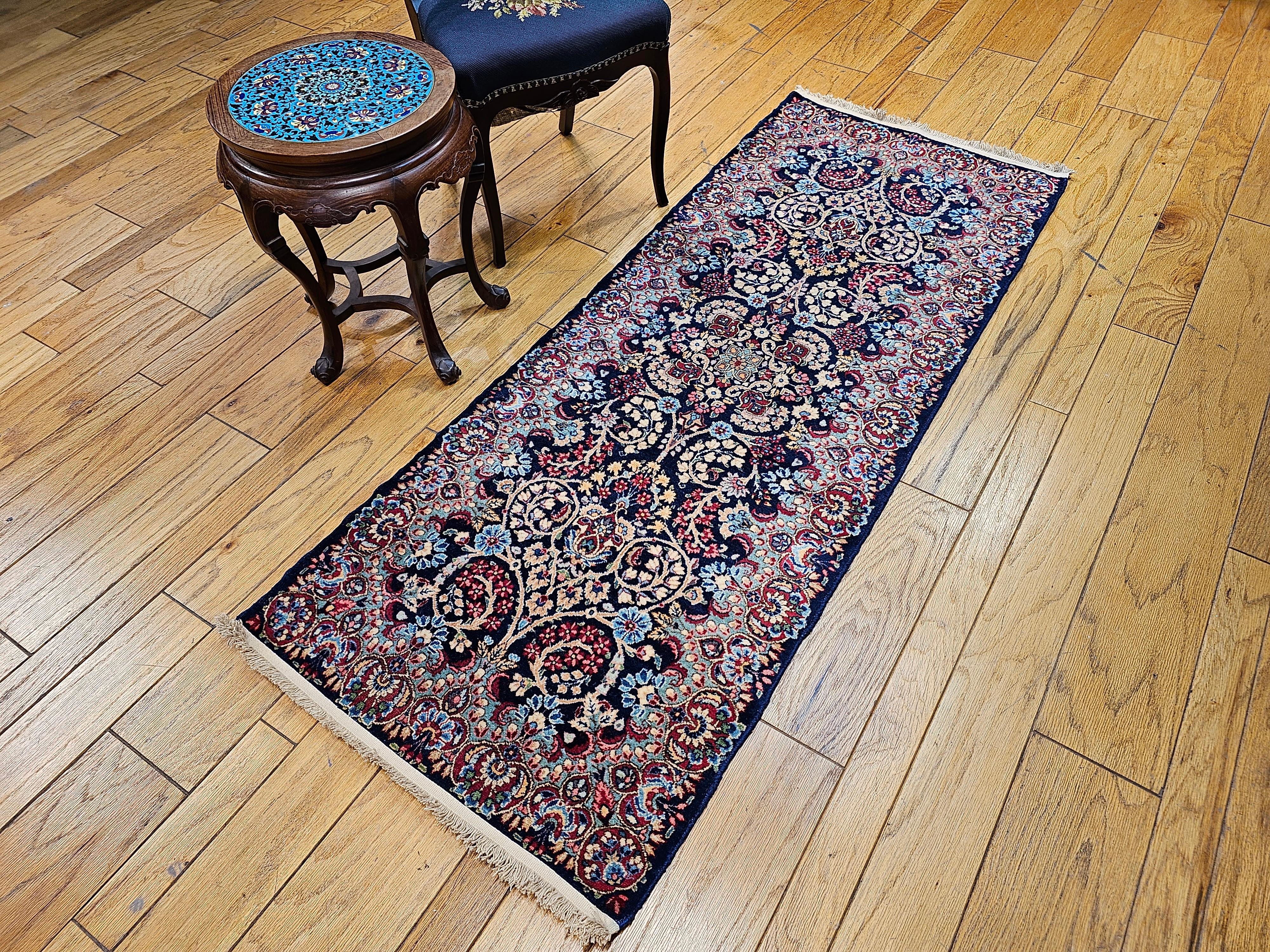 Vintage Persian Kerman Runner in All-Over Floral Pattern in Blue, Green, Red For Sale 13