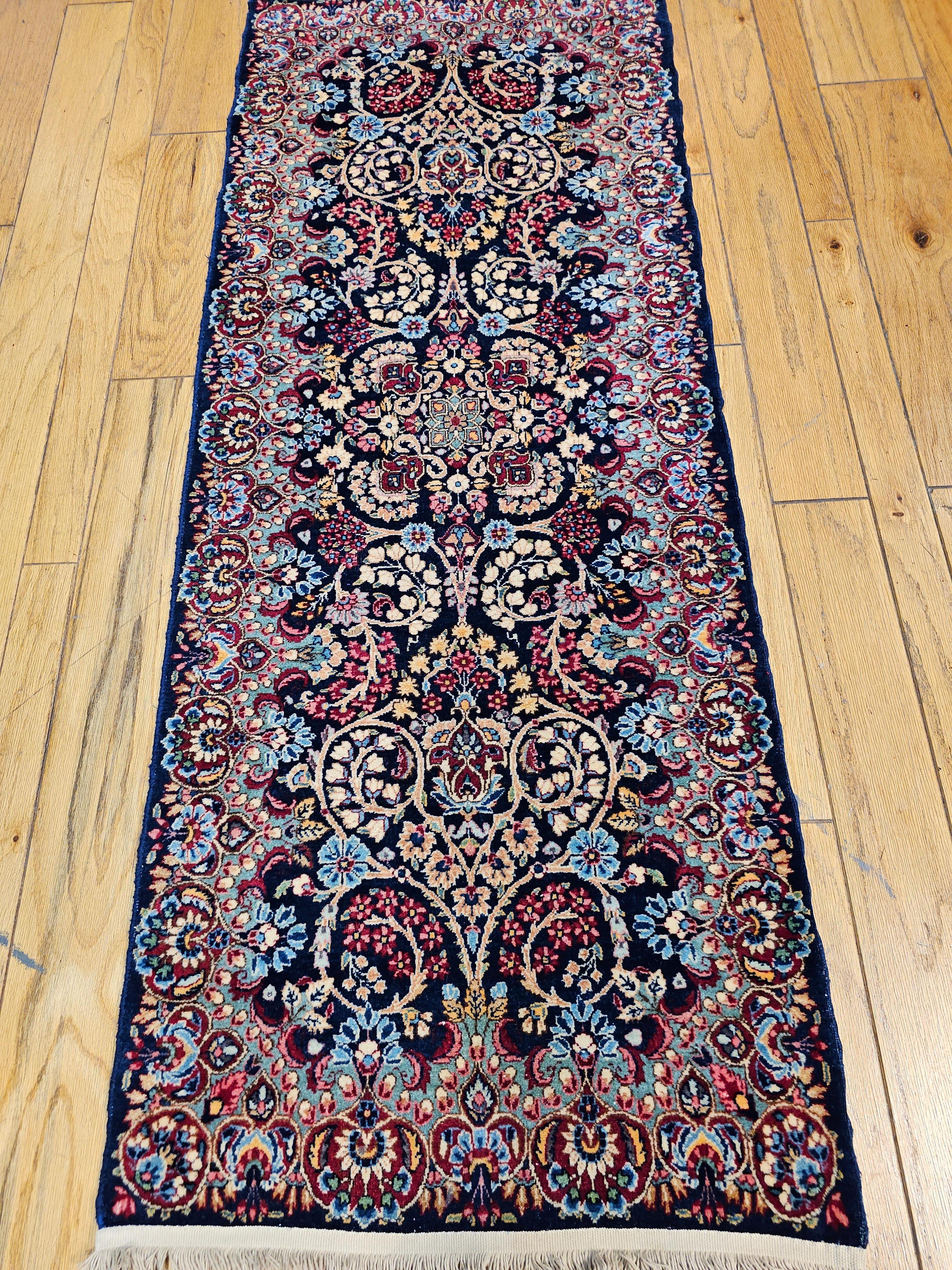 Vintage Persian Kerman Runner in All-Over Floral Pattern in Blue, Green, Red For Sale 14