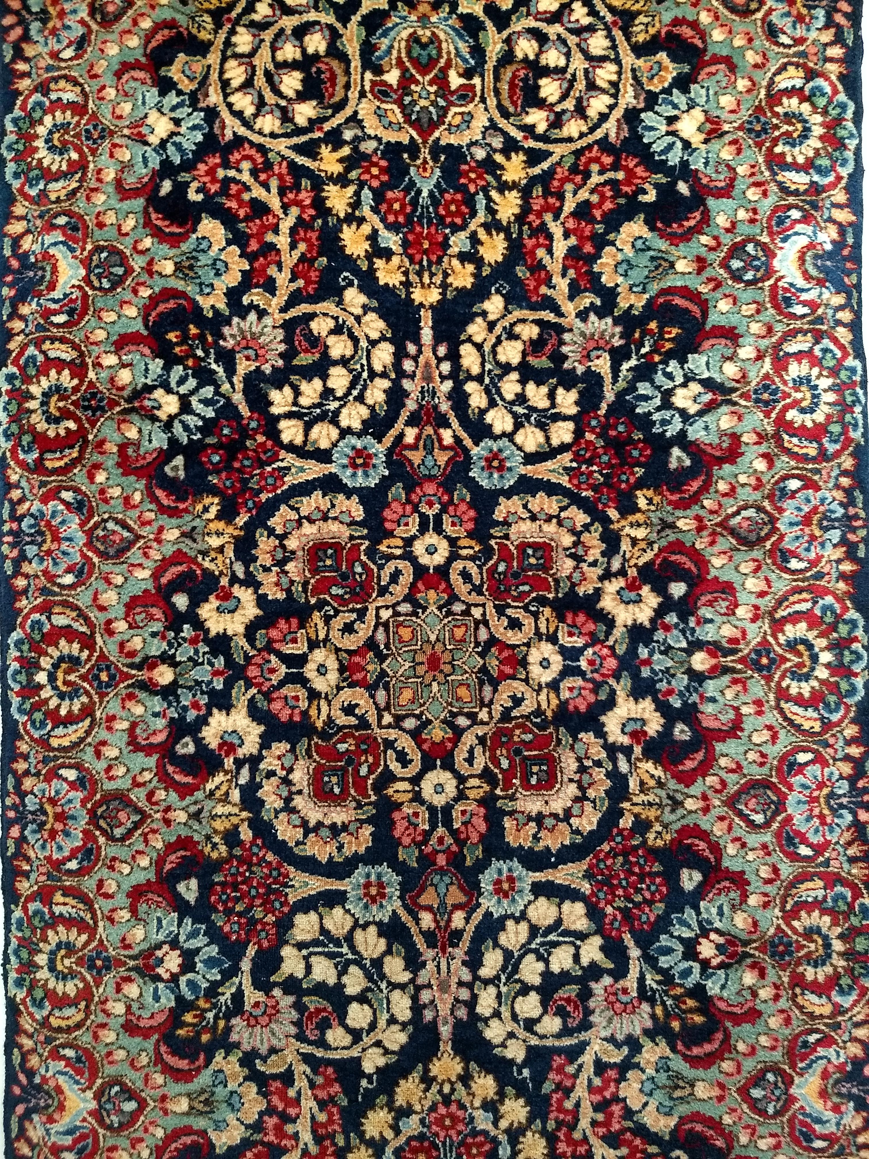 Hand-Woven Vintage Persian Kerman Runner in All-Over Floral Pattern in Blue, Green, Red For Sale