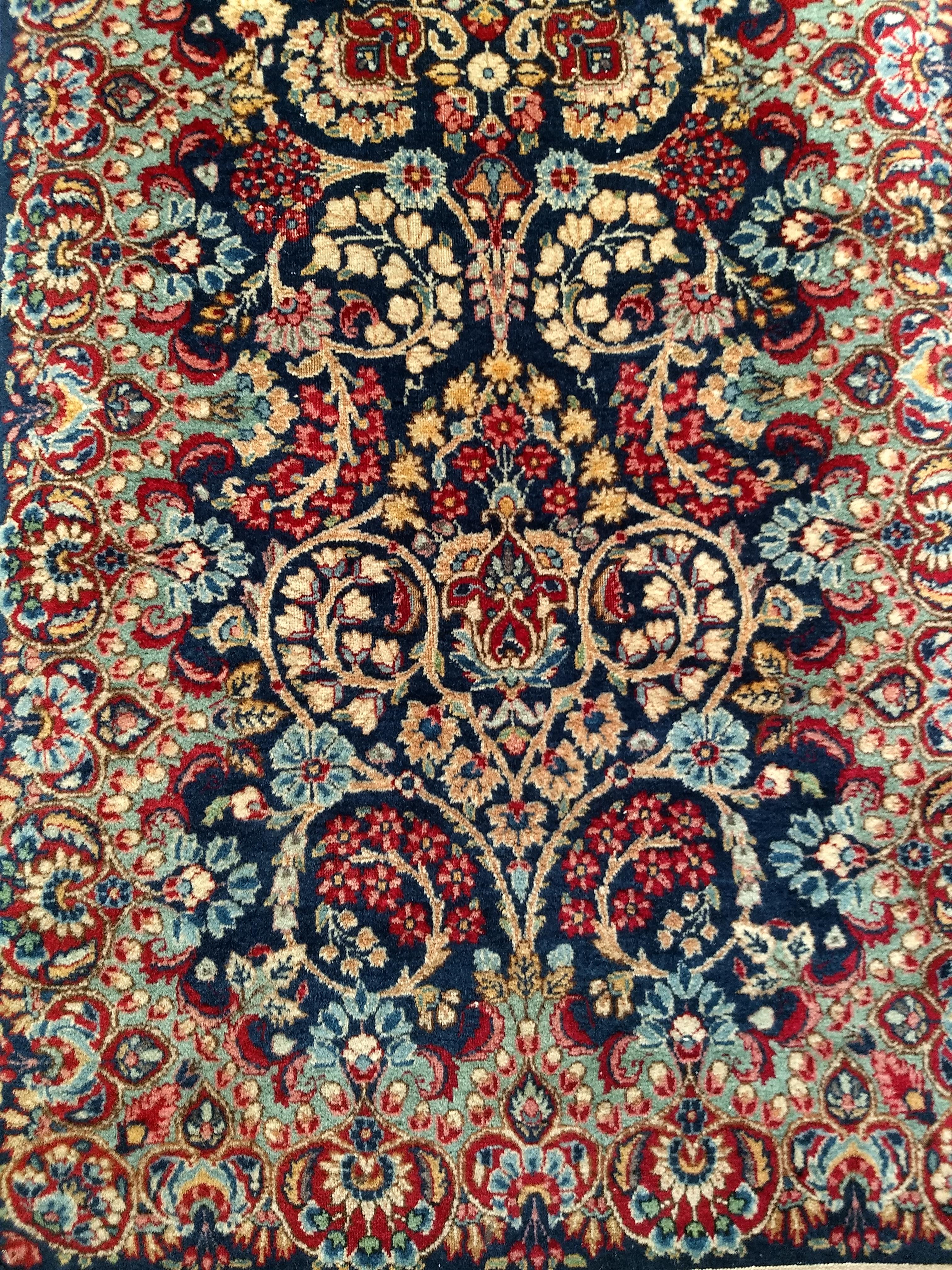 Vintage Persian Kerman Runner in All-Over Floral Pattern in Blue, Green, Red In Good Condition For Sale In Barrington, IL