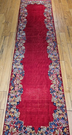 Vintage Persian Kerman Runner, Hand-Knotted Wool, Floral Design, 1940s