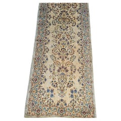 Vintage Persian Kerman Runner in Ivory, French Blue with Floral Bouquet Border