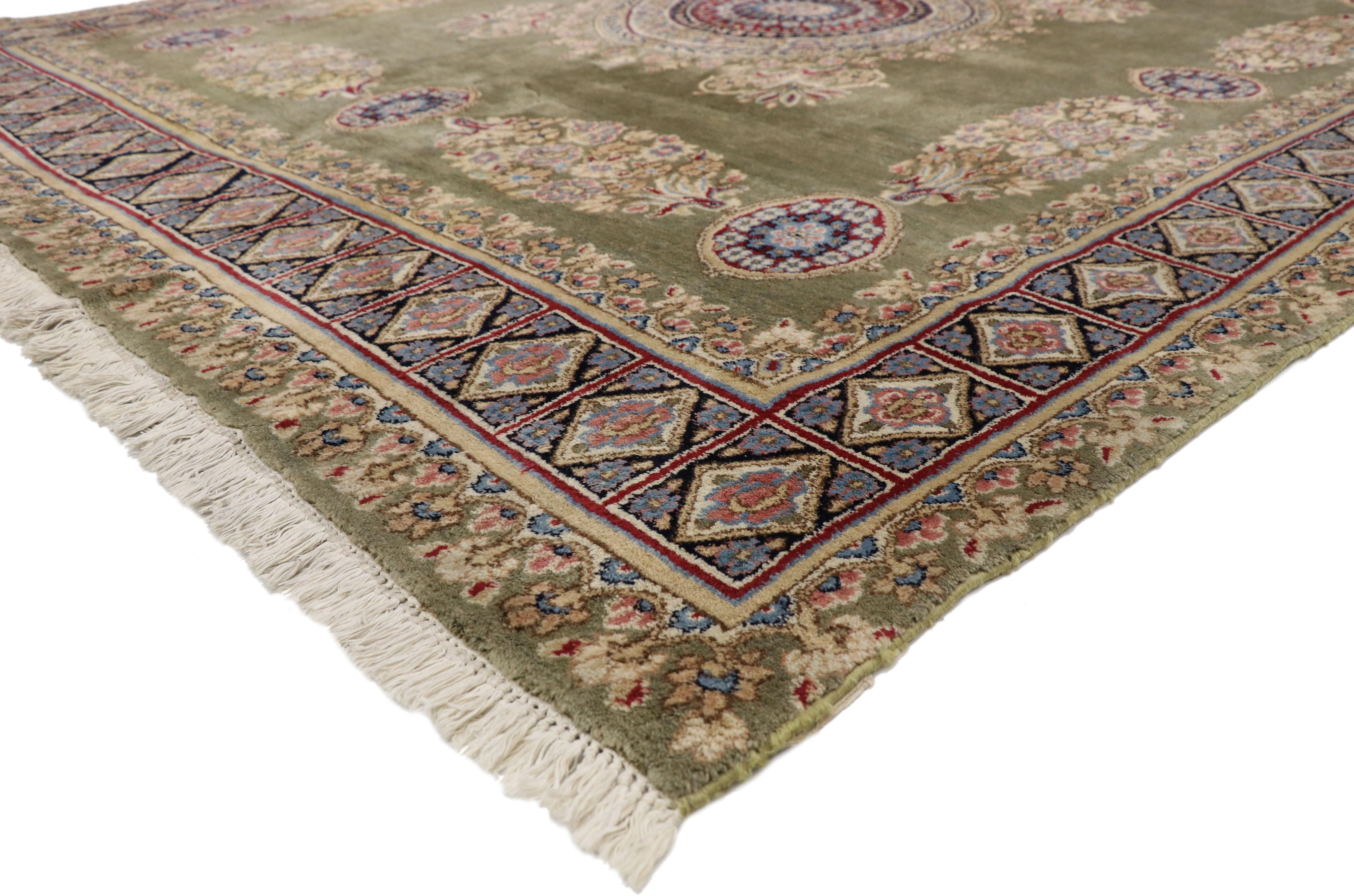 77358, vintage Persian Kerman Square Area rug with Elizabethan and Georgian style. With ornate details and well-balanced symmetry combined with a dreamlike Ottoman color palette, this hand knotted wool vintage Persian Kirman rug beautifully embodies