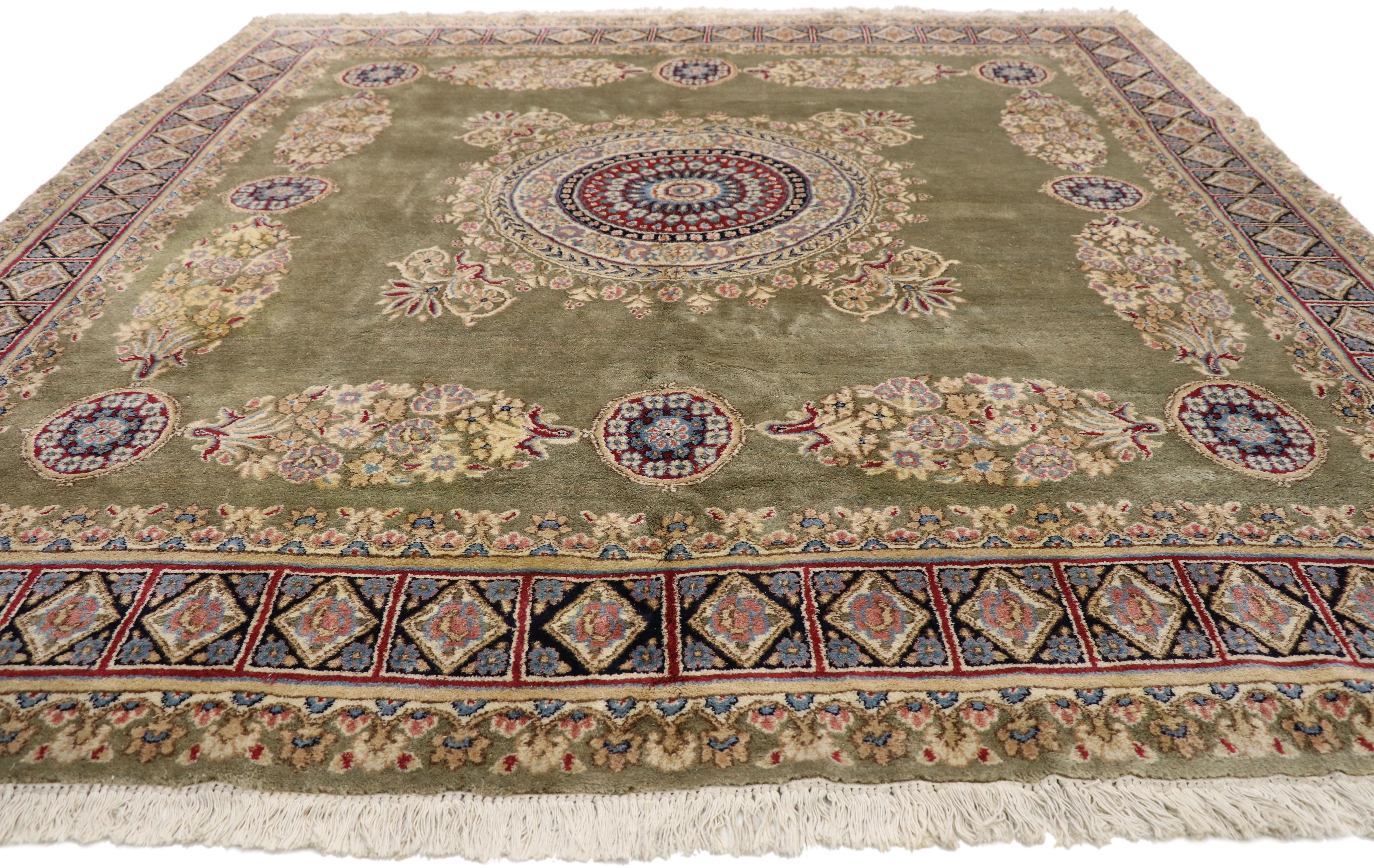 Hand-Knotted Vintage Persian Kerman Square Area Rug with Elizabethan and Georgian Style