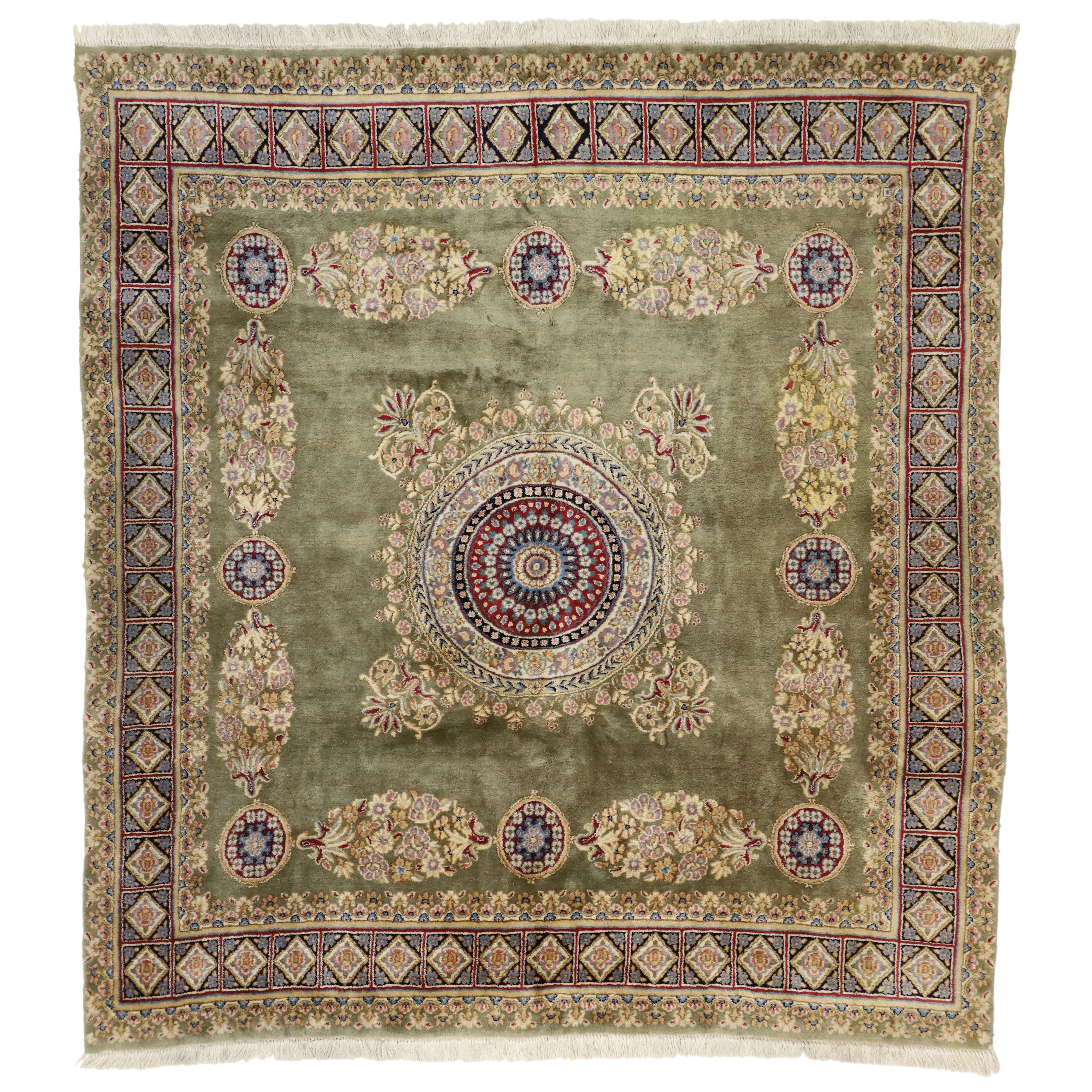 Vintage Persian Kerman Square Area Rug with Elizabethan and Georgian Style