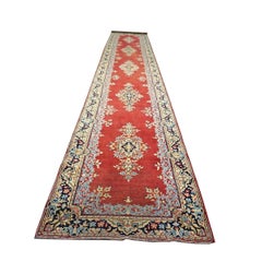 Vintage Persian Kerman Wool 3x20 Rust, Ivory & Blue Handmade Runner Rug