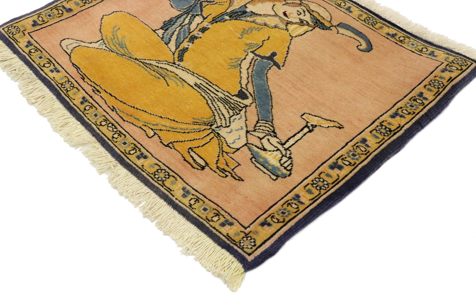 76195 Vintage Persian Khamseh Pictorial rug with Dervish Scene, Persian wall hanging. Ancient Persia boasts the true origin of viticulture and wine drinking as celebrated in this hand knotted wool vintage Persian Khamseh pictorial rug. Tender and