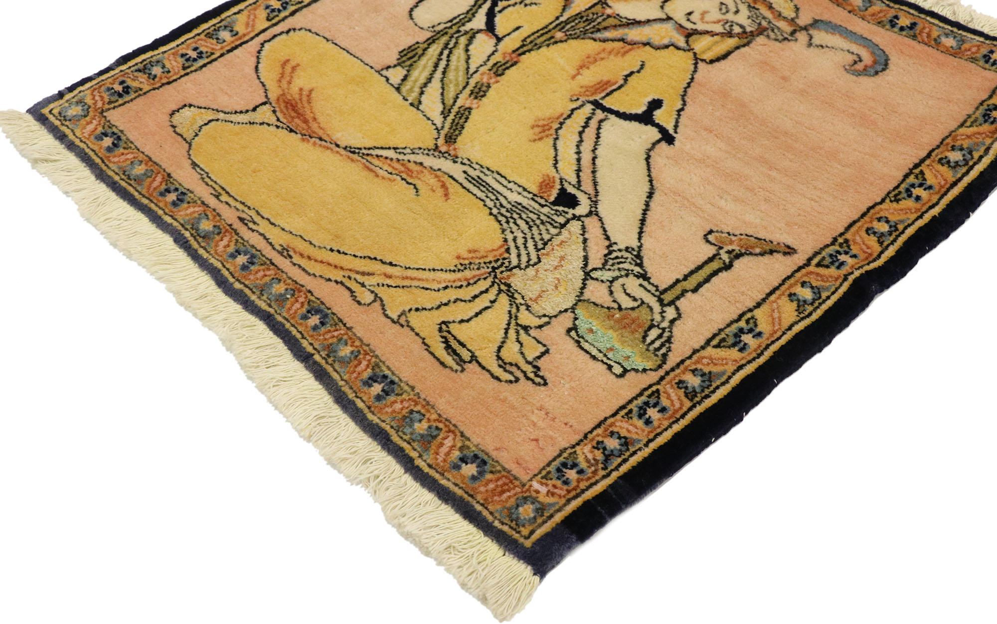 76198, vintage Persian Khamseh Pictorial rug with Dervish Scene, Persian wall hanging. Ancient Persia boasts the true origin of viticulture and wine drinking as celebrated in this hand knotted wool vintage Persian Khamseh pictorial rug. Tender and