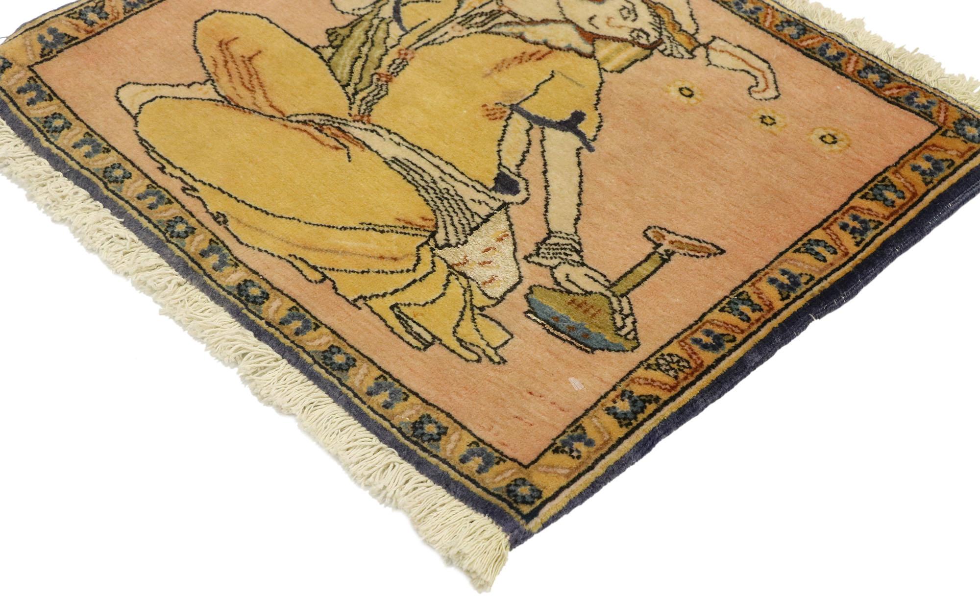 76199, tapis vintage Persan Khamseh Pictorial avec scène de Derviche, tenture murale Persane. La Perse antique est la véritable origine de la viticulture et de la consommation de vin, comme le montre ce tapis pictural Khamseh en laine noué à la