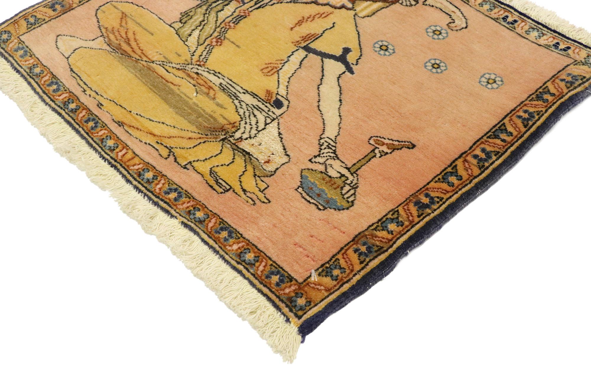 76200, tapis vintage persan Khamseh Pictorial avec scène de derviches, tenture murale perse. La Perse antique est la véritable origine de la viticulture et de la consommation de vin, comme le montre ce tapis pictural Khamseh en laine noué à la main.