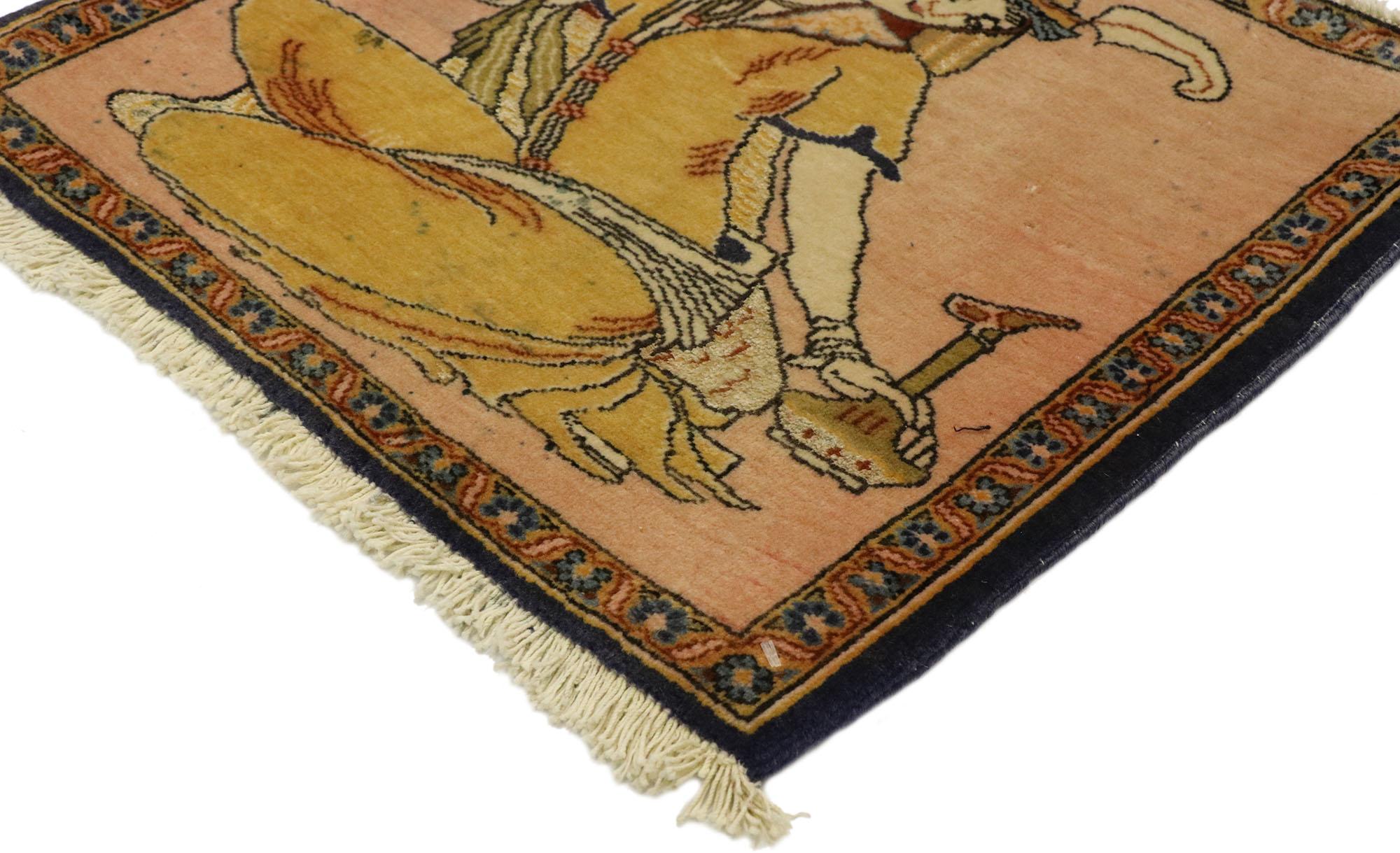 76197, tapis vintage persan Khamseh Pictorial avec scène de derviches, tenture murale perse. La Perse antique est la véritable origine de la viticulture et de la consommation de vin, comme le montre ce tapis pictural Khamseh en laine noué à la main.