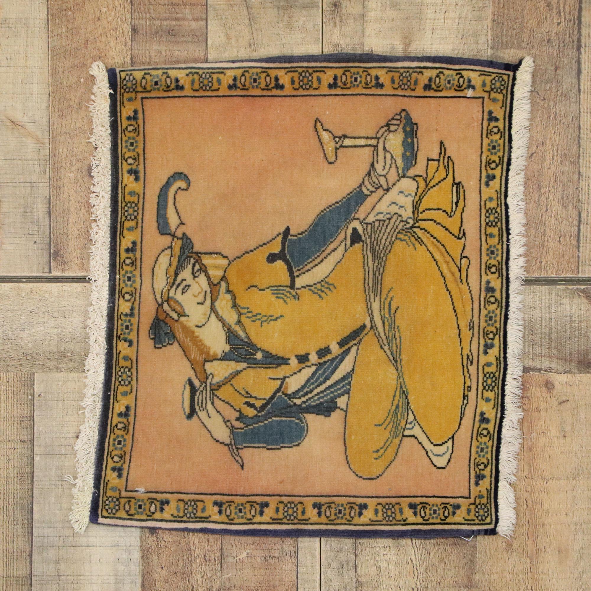 Vintage Persian Khamseh Pictorial Rug with Dervish Scene, Persian Wall Hanging In Good Condition For Sale In Dallas, TX