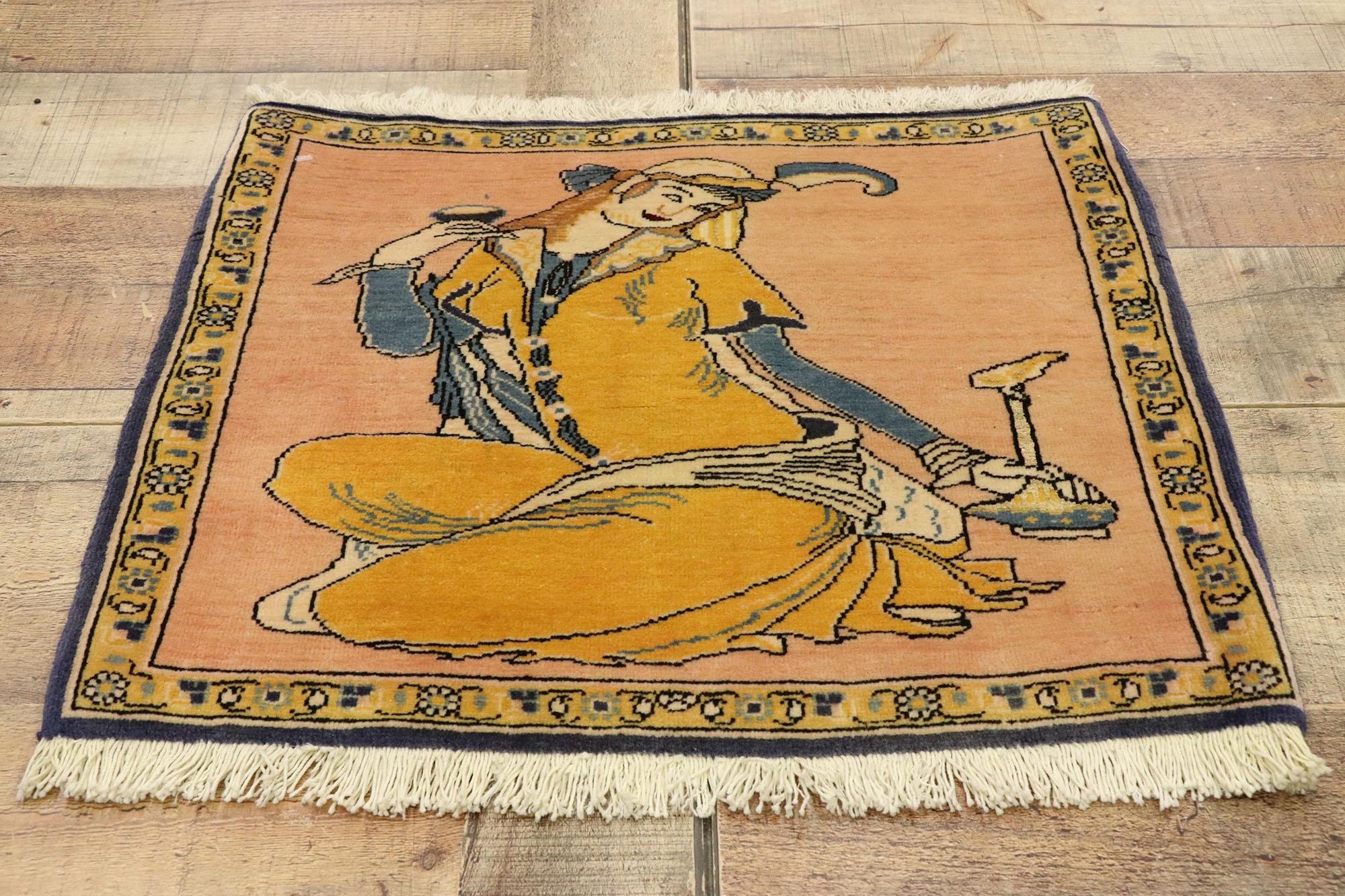 Wool Vintage Persian Khamseh Pictorial Rug with Dervish Scene, Persian Wall Hanging For Sale
