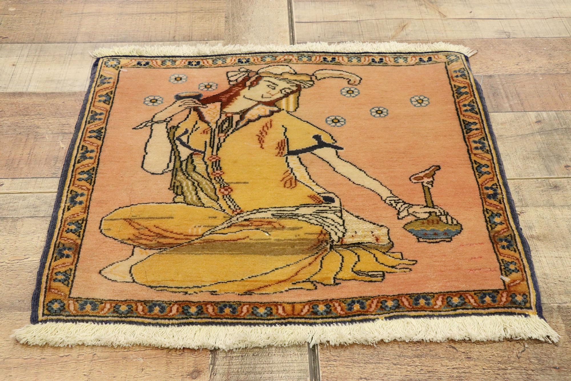 Wool Vintage Persian Khamseh Pictorial Rug with Dervish Scene, Persian Wall Hanging For Sale