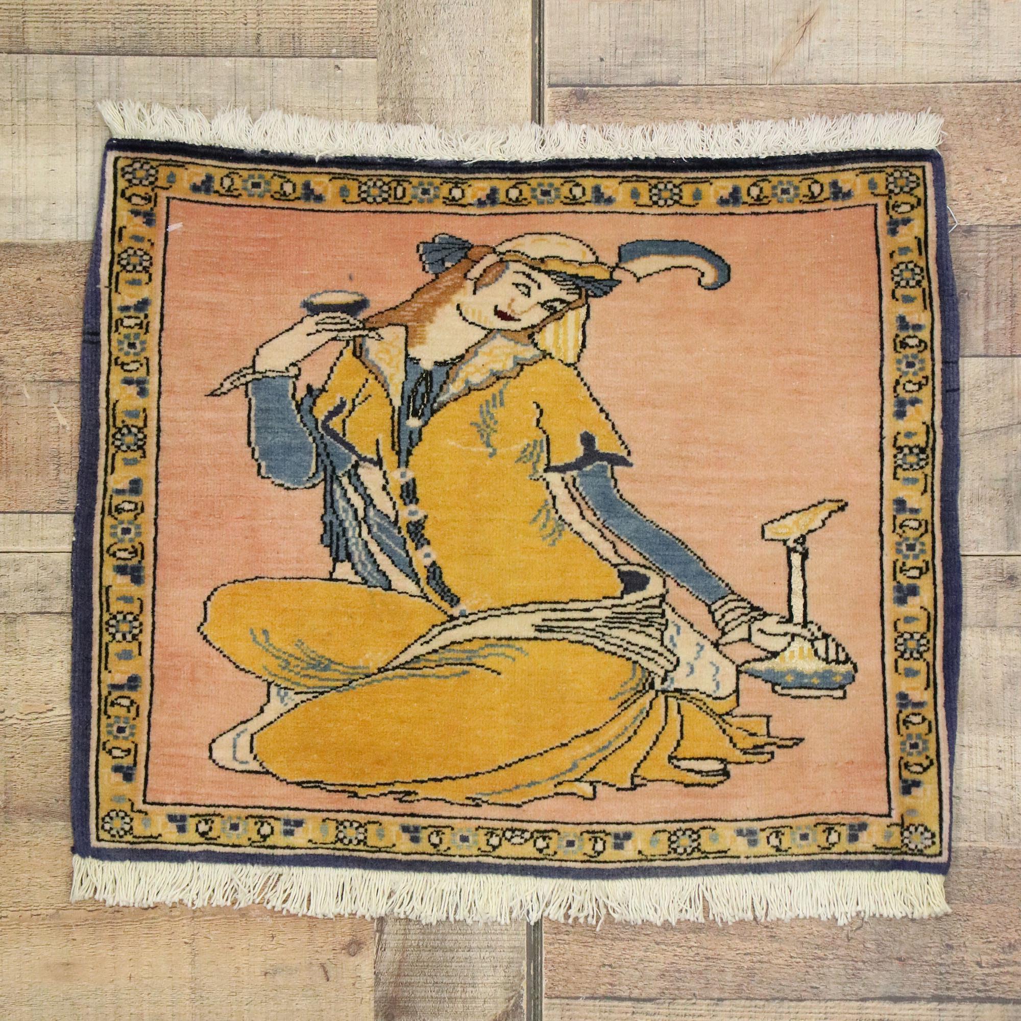 Vintage Persischer Khamseh-Bilderteppich mit Dervish-Szene, Persischer Wandbehang (Wolle) im Angebot