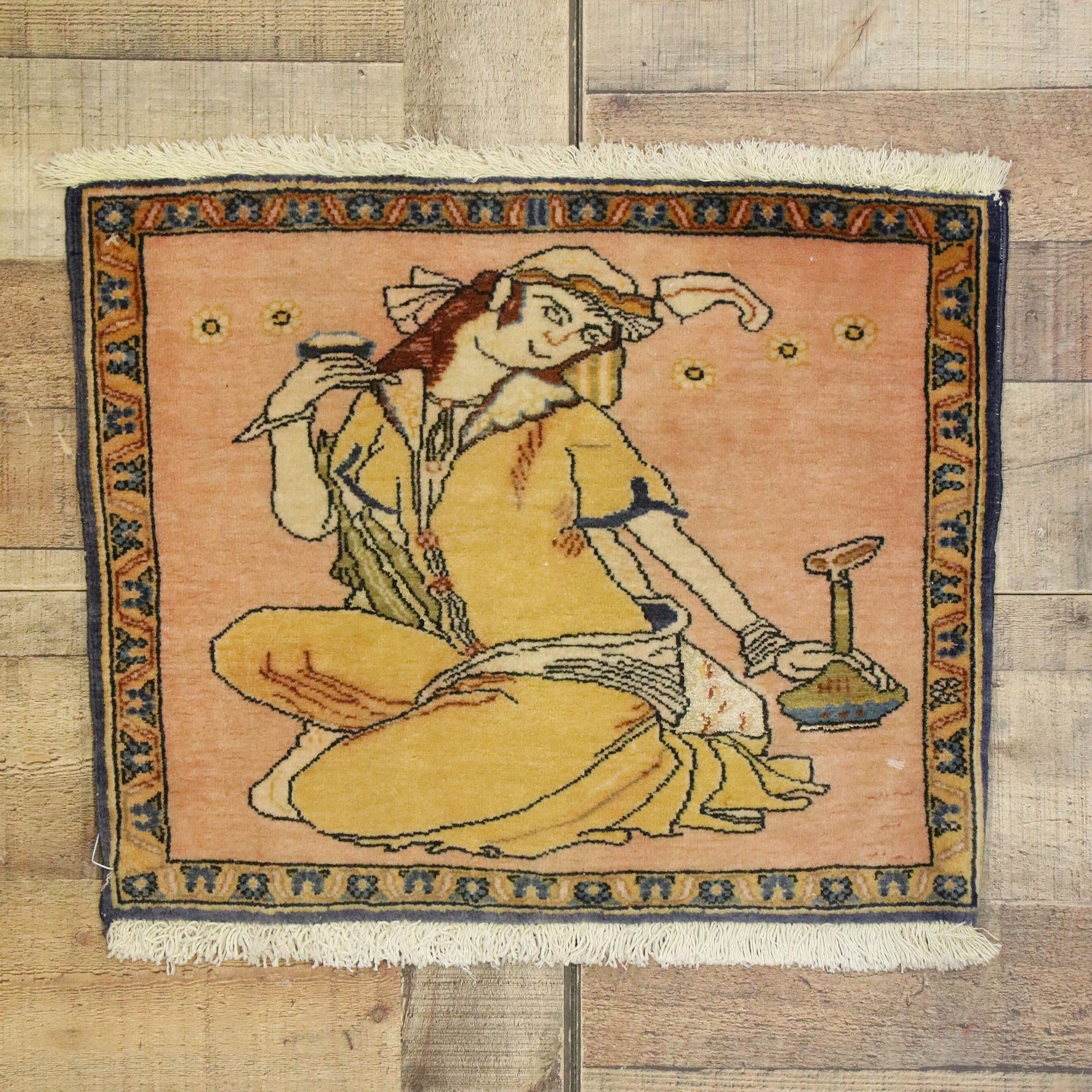 20th Century Vintage Persian Khamseh Pictorial Rug with Dervish Scene, Persian Wall Hanging For Sale