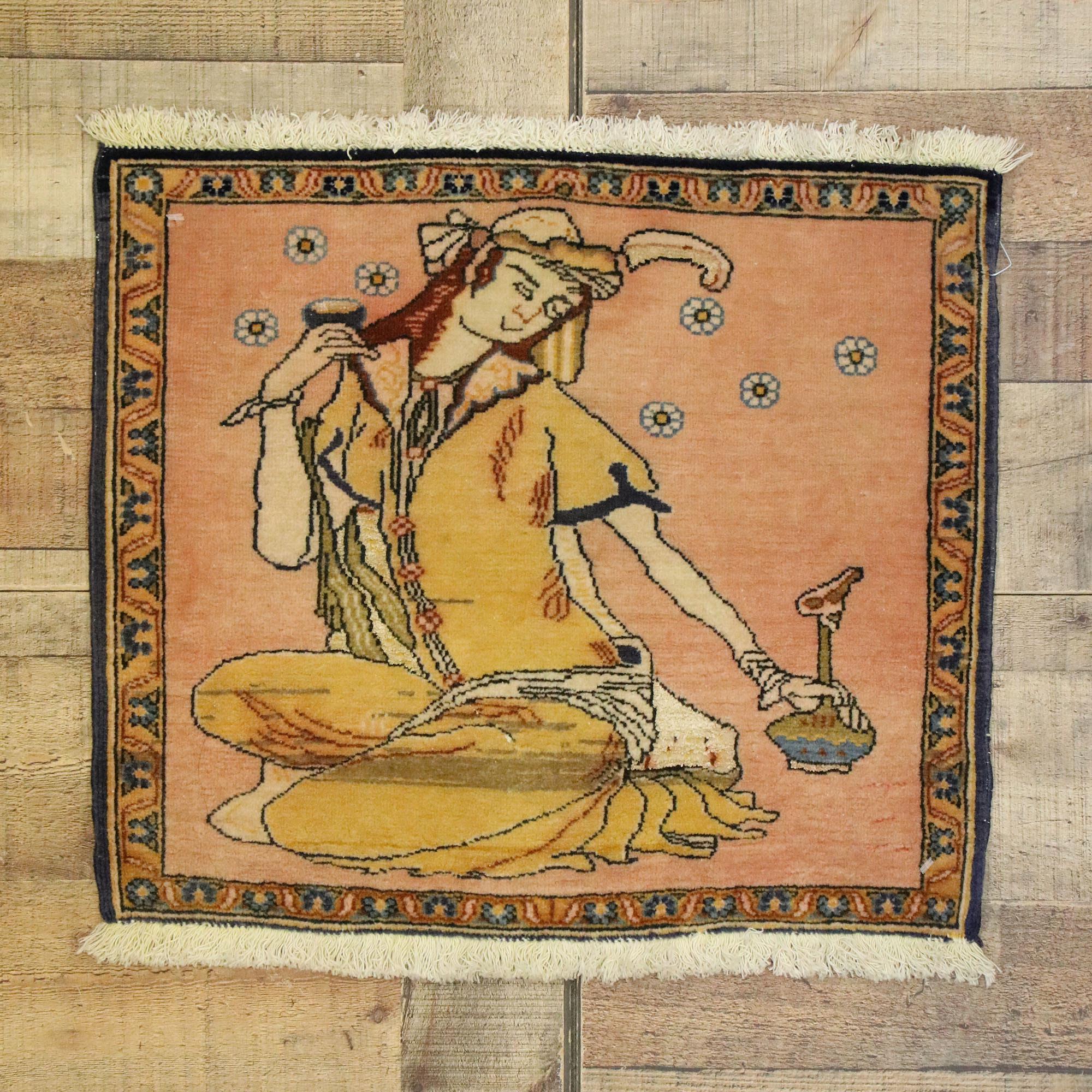 Vintage Persian Khamseh Pictorial Rug with Dervish Scene, Persian Wall Hanging For Sale 1