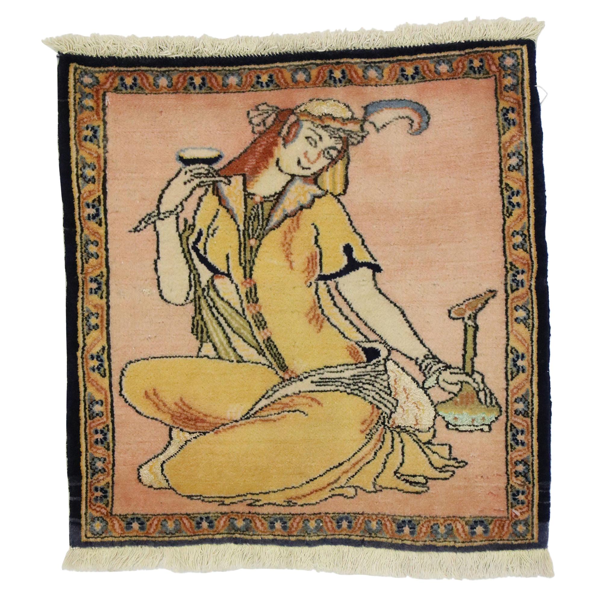 Vintage Persian Khamseh Pictorial Rug with Dervish Scene, Persian Wall Hanging For Sale